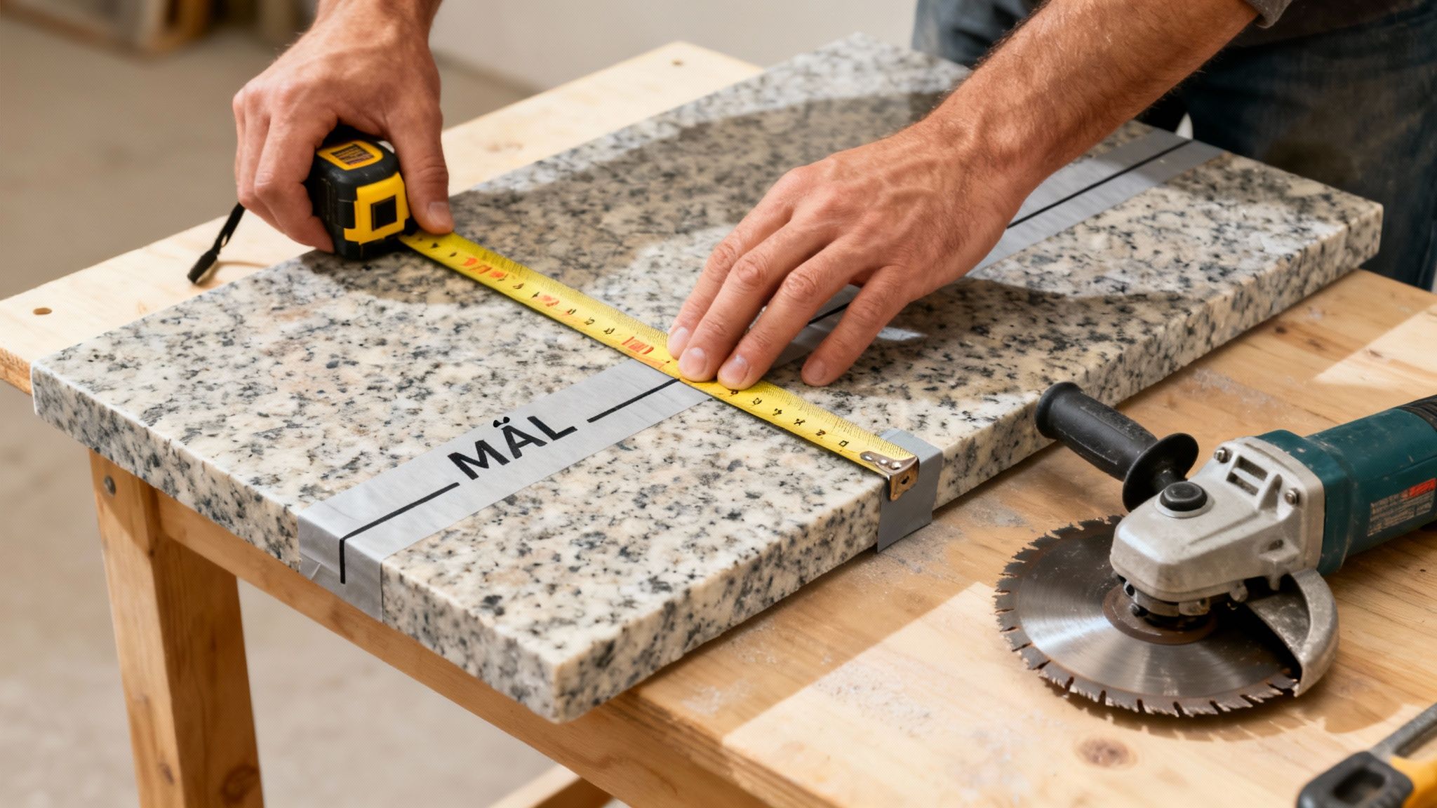 Hænder måler en granitplade med et målebånd på et træbord, forberedelse til skæring.