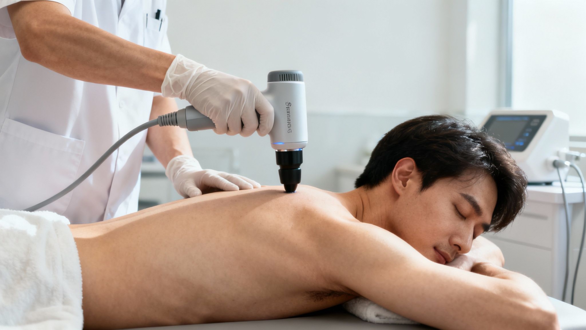 En terapeut giver en patient rygbehandling med et medicinsk udstyr, mens patienten slapper af.