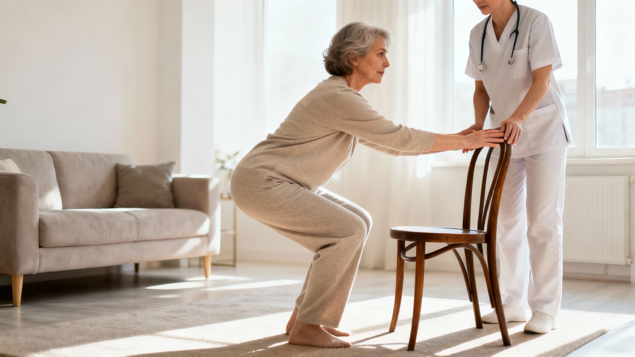 Ældre kvinde laver hofteøvelser med hjælp fra en fysioterapeut i et lyst hjem.