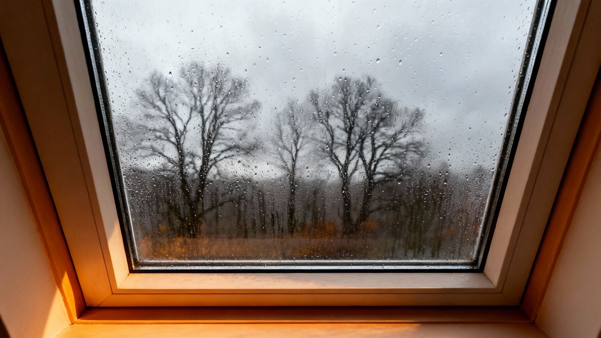 Et regnvådt vindue med udsigt til bare træer under en grå himmel. Vanddråber ses på glasset, indrammet af varme trævindueskarme.
