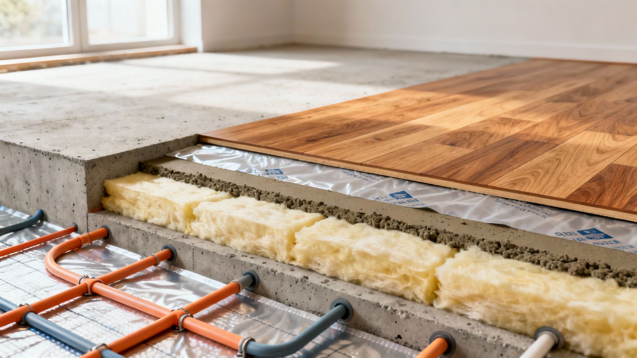 Et tværsnit af en gulvkonstruktion med synlige lag af gulvvarmerør, isolering, beton og trægulv.