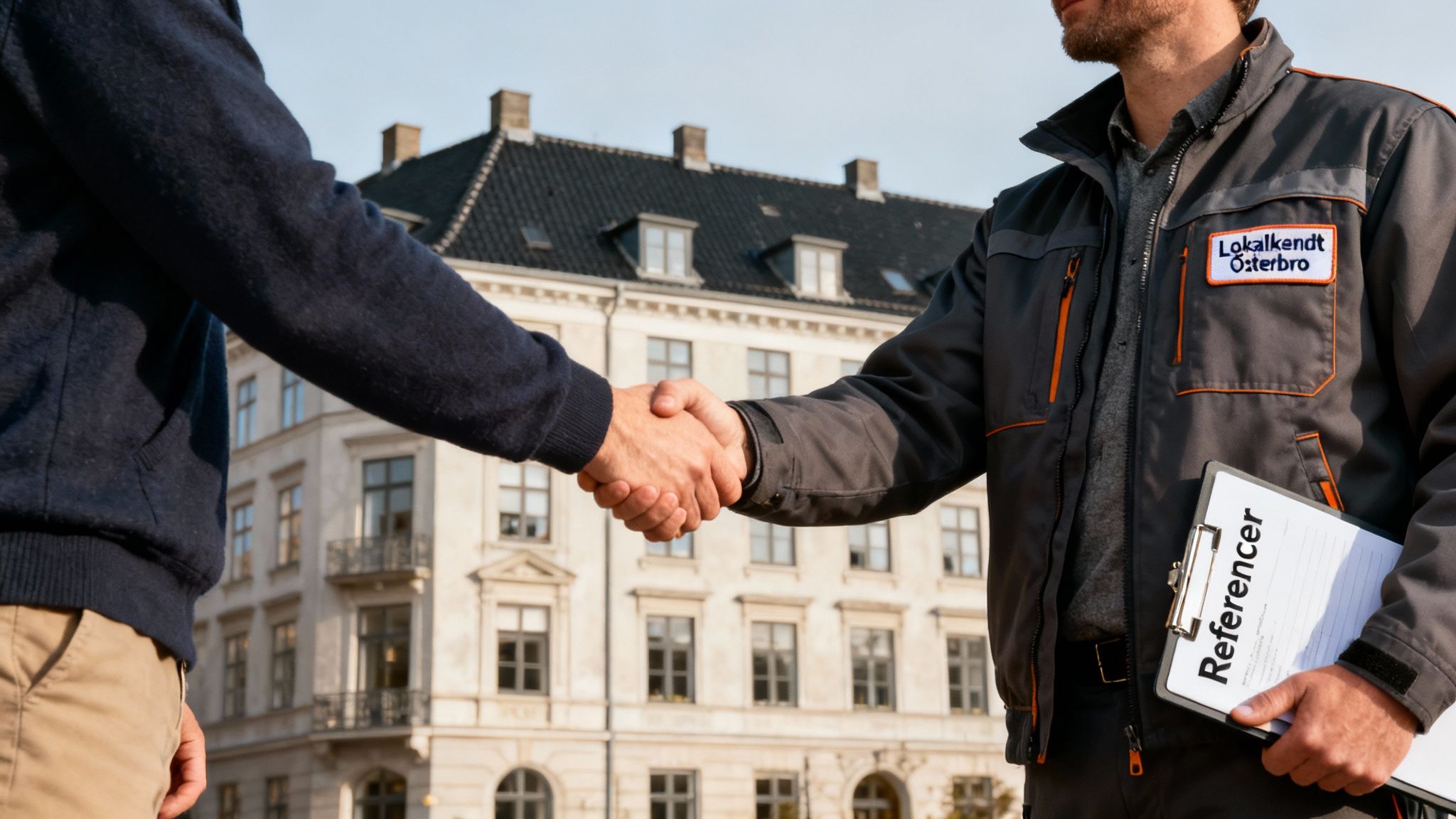 Professionelt håndtryk mellem to mænd. Den ene bærer en jakke med 'Lokalkendt Østerbro' og holder en 'Referencer' mappe.