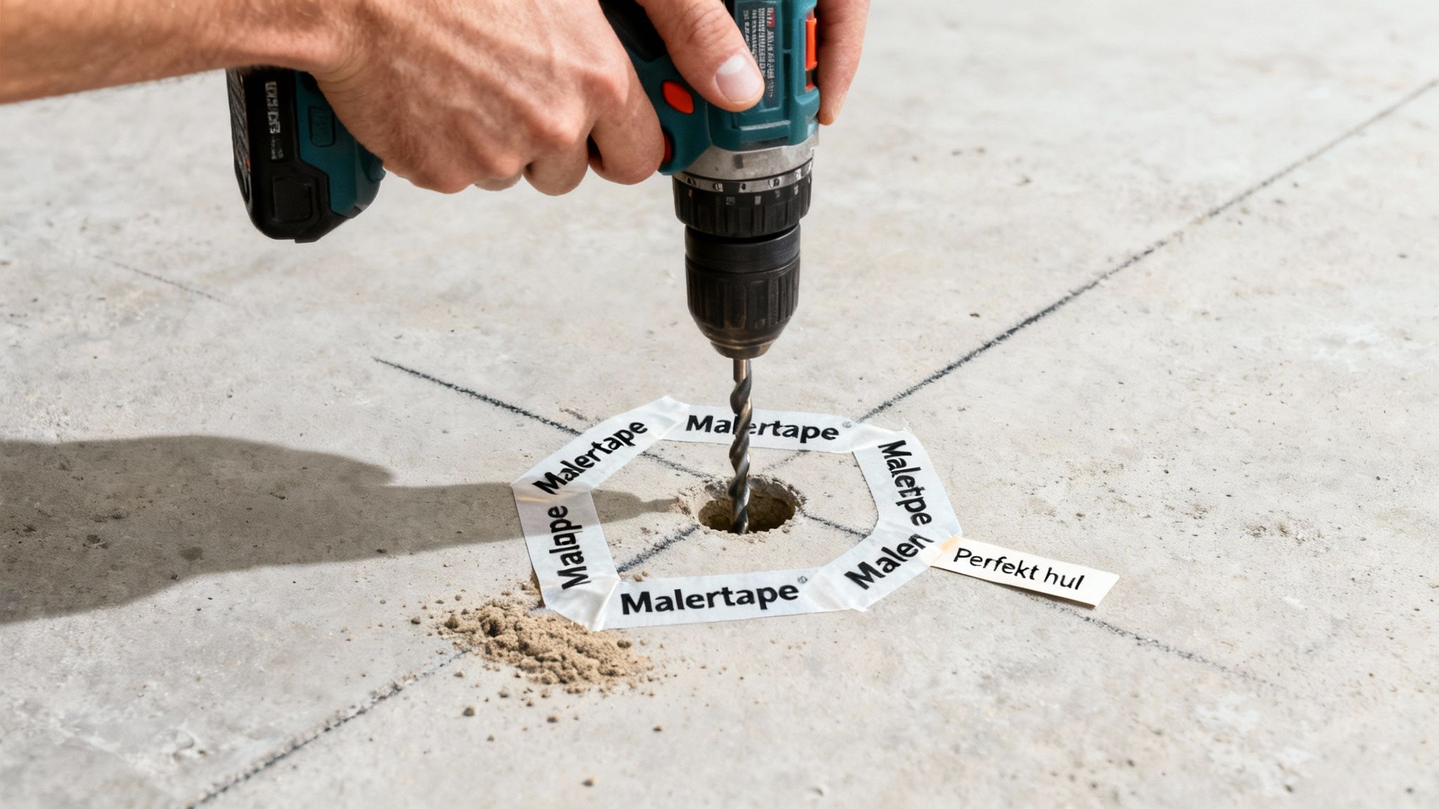 En person borer et hul i et betongulv, med malertape der opsamler borestøv og et skilt der siger 'Perfekt hul'.