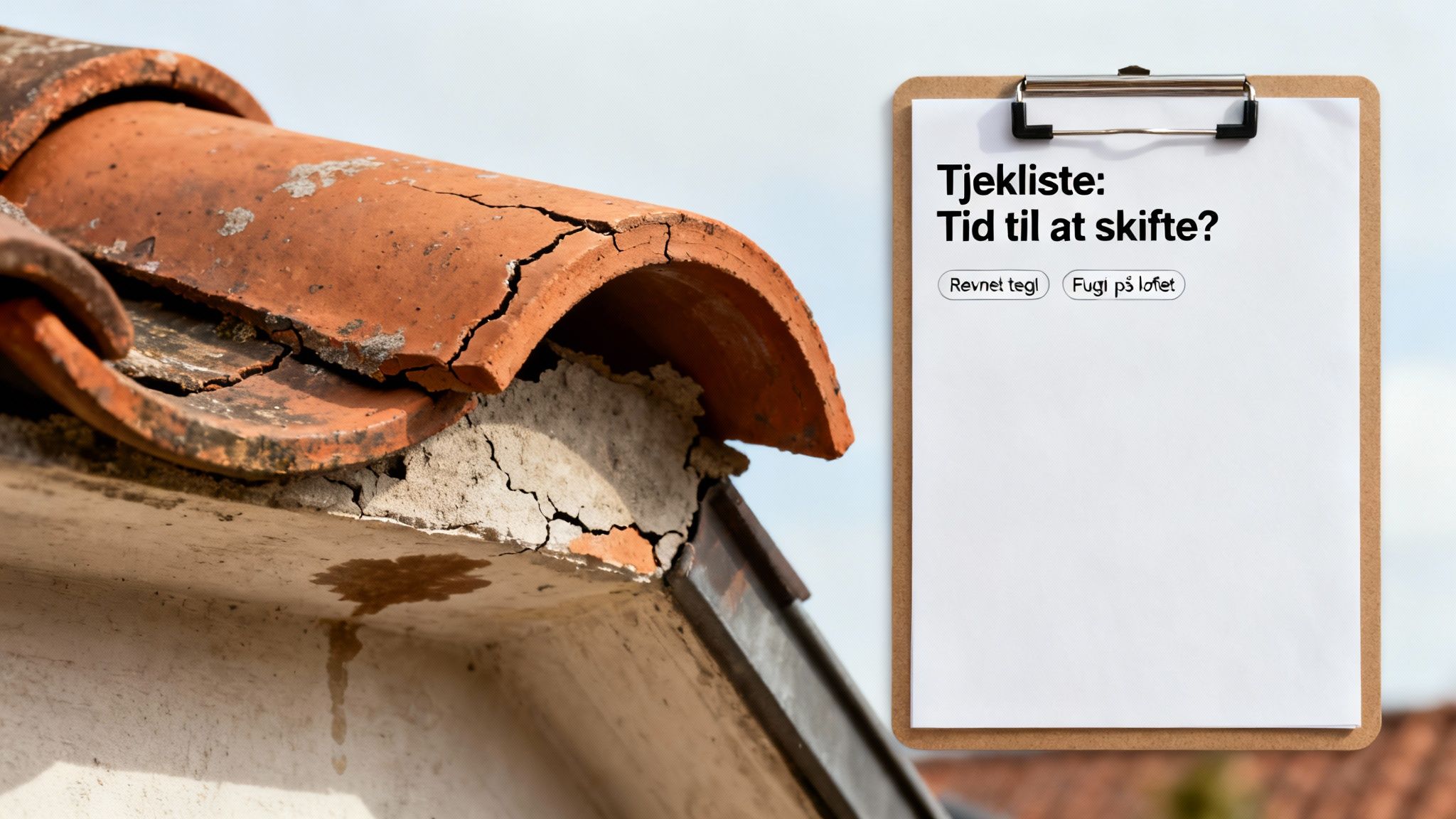 Revnet tagtegl med en tjekliste om behov for tagudskiftning, der viser tegn på skader.
