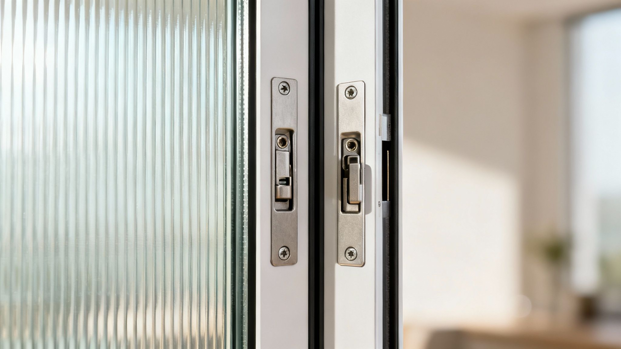 Nærbillede af en moderne skydedør med rillet glas og to metallåsemekanismer.