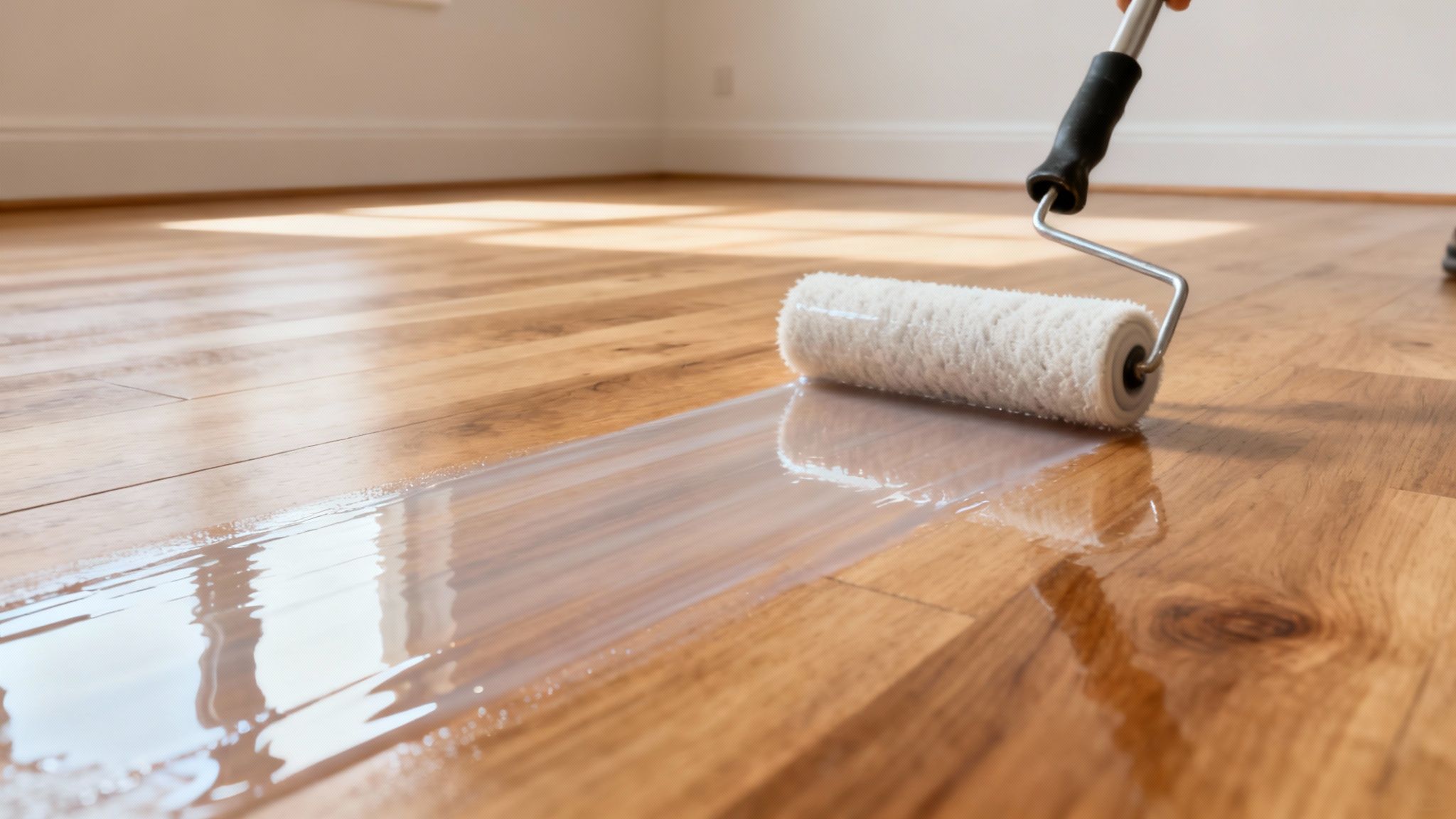 Et nylakeret trægulv der skinner i lyset fra et vindue