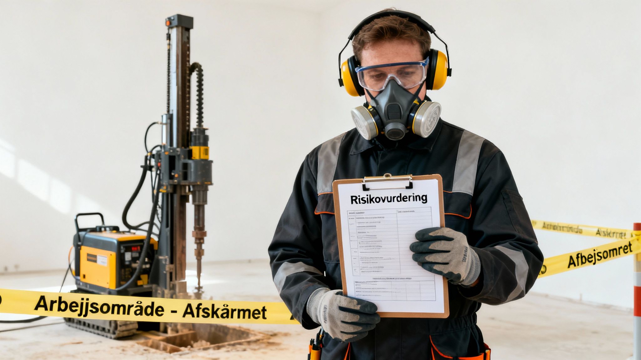 En arbejder i sikkerhedsudstyr holder et risikovurderingsdokument ved et borearbejdsområde.