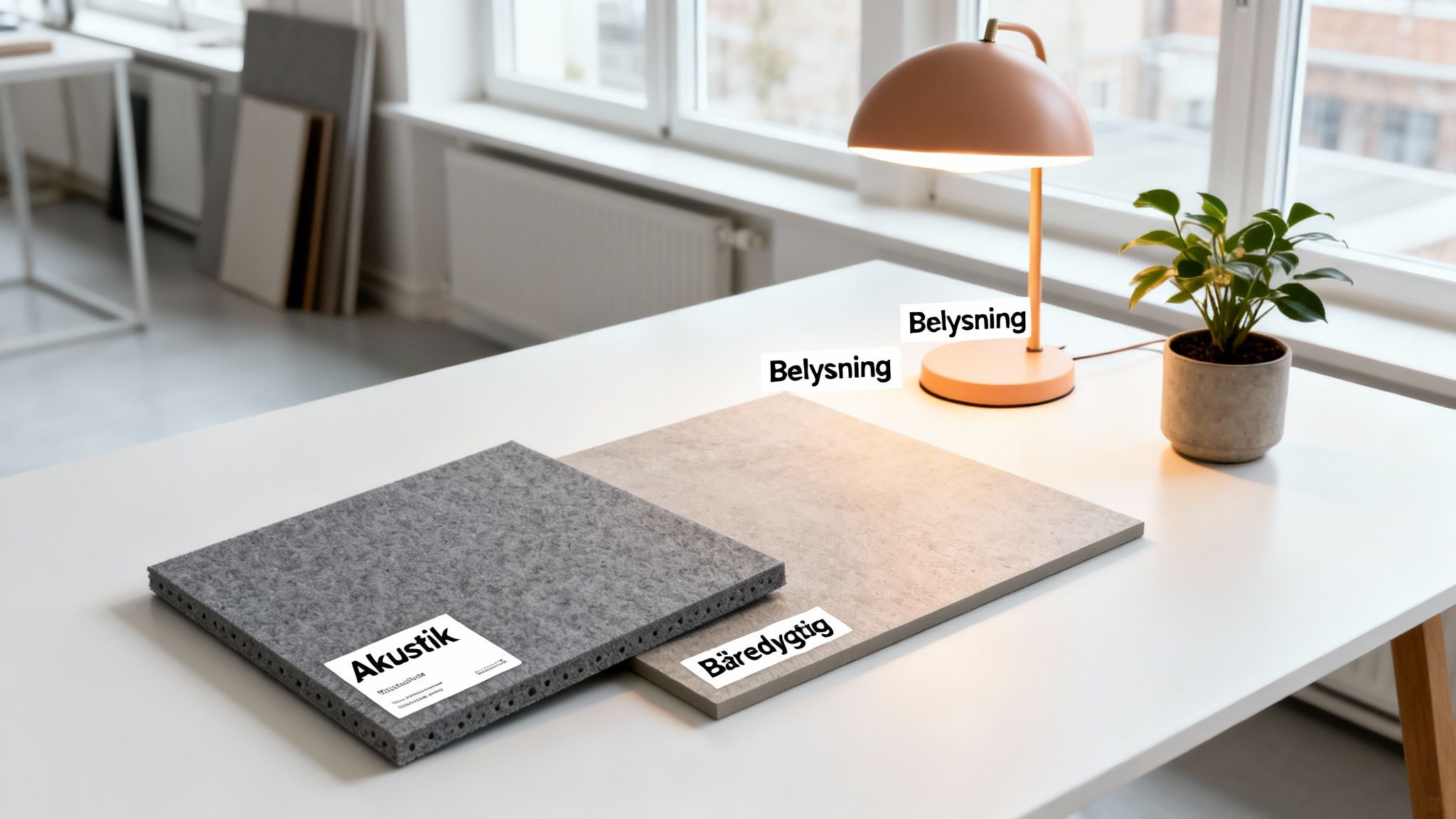 Kontorbord med grå og beige akustikpaneler, bordlampe og plante. Etiketter fremhæver akustik, bæredygtighed og belysning.