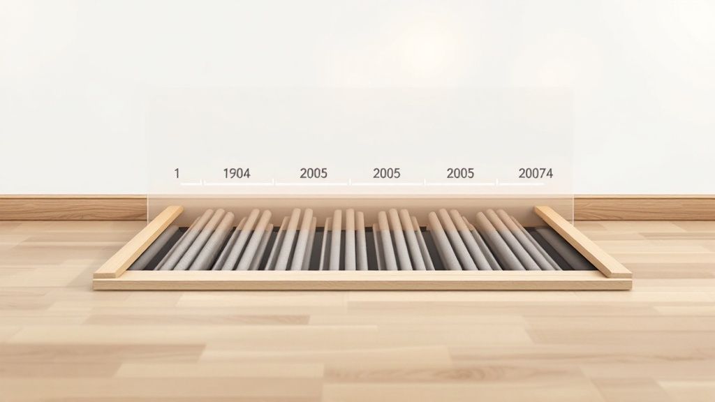 En tømrer i færd med at lægge et trægulv ovenpå et nyligt installeret gulvvarmesystem.