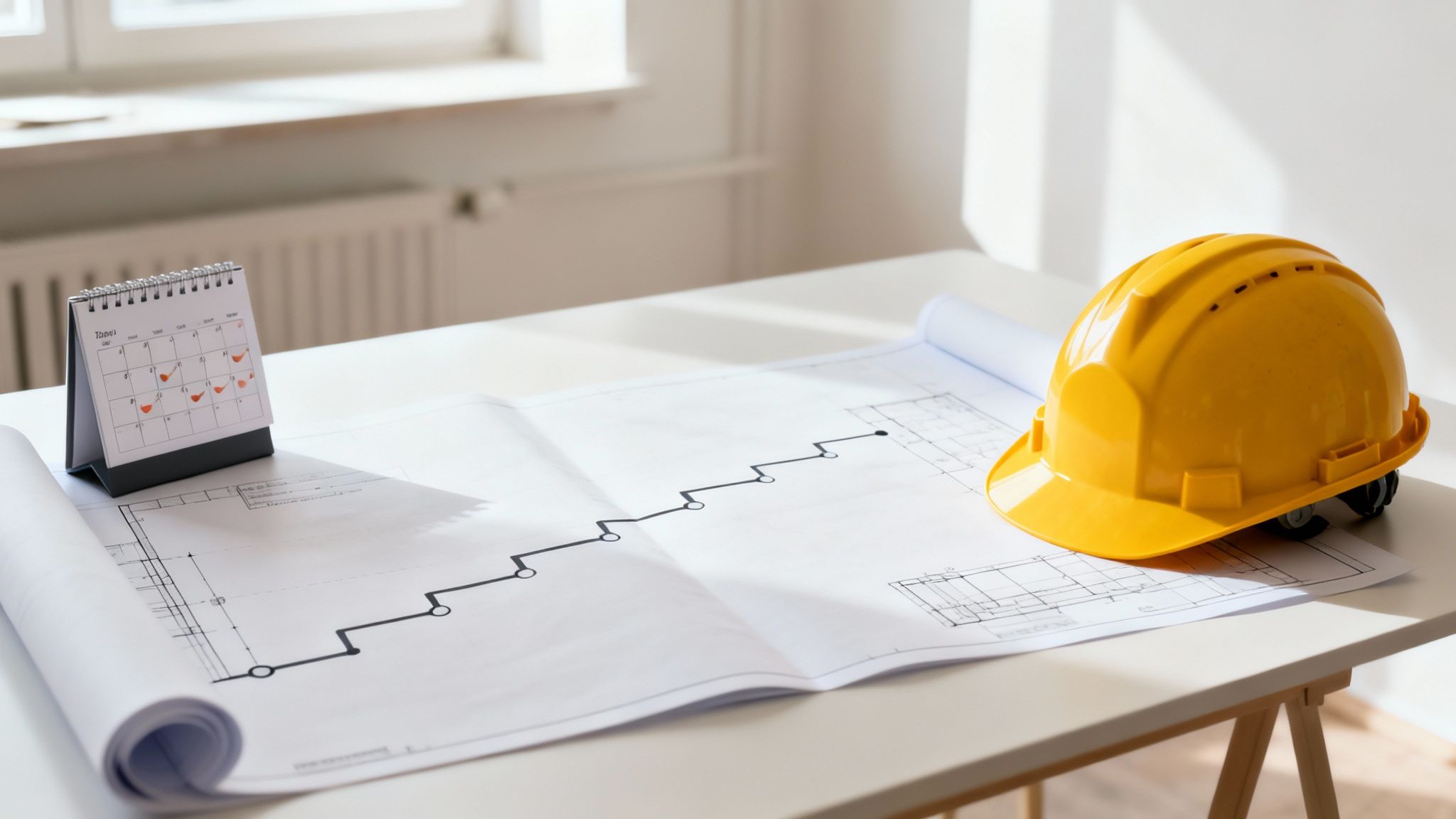 Gul byggehjelm, tekniske tegninger og kalender på et skrivebord, klar til byggeplanlægning.