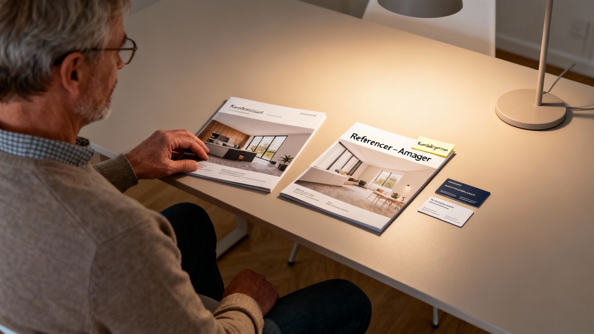 Ældre mand læser brochurer om boligindretning ved et lyst bord med en bordlampe.