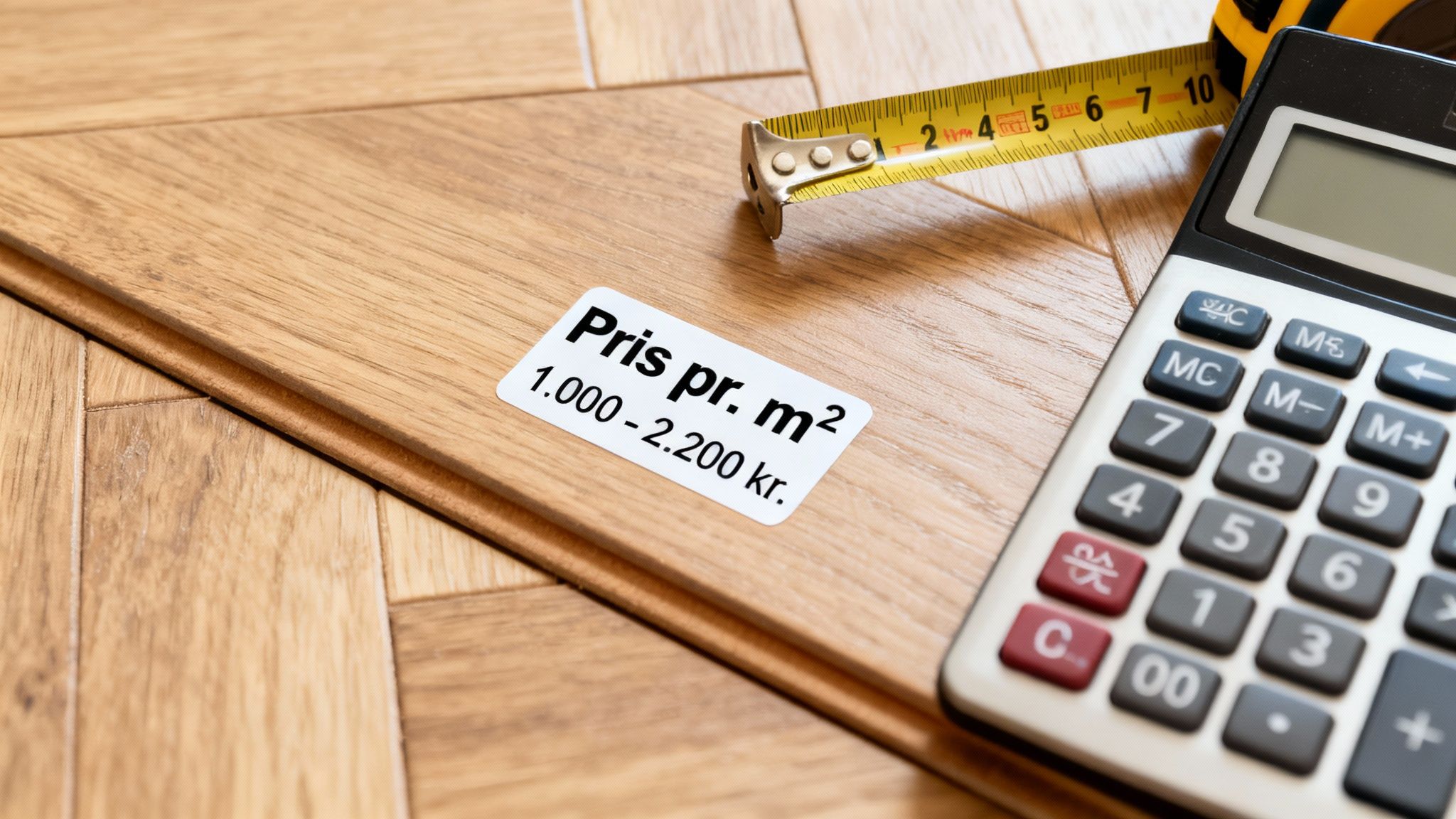 Lommeregner, målebånd og trægulv med pris pr. m² etiket. Viser omkostninger ved gulvlægning.