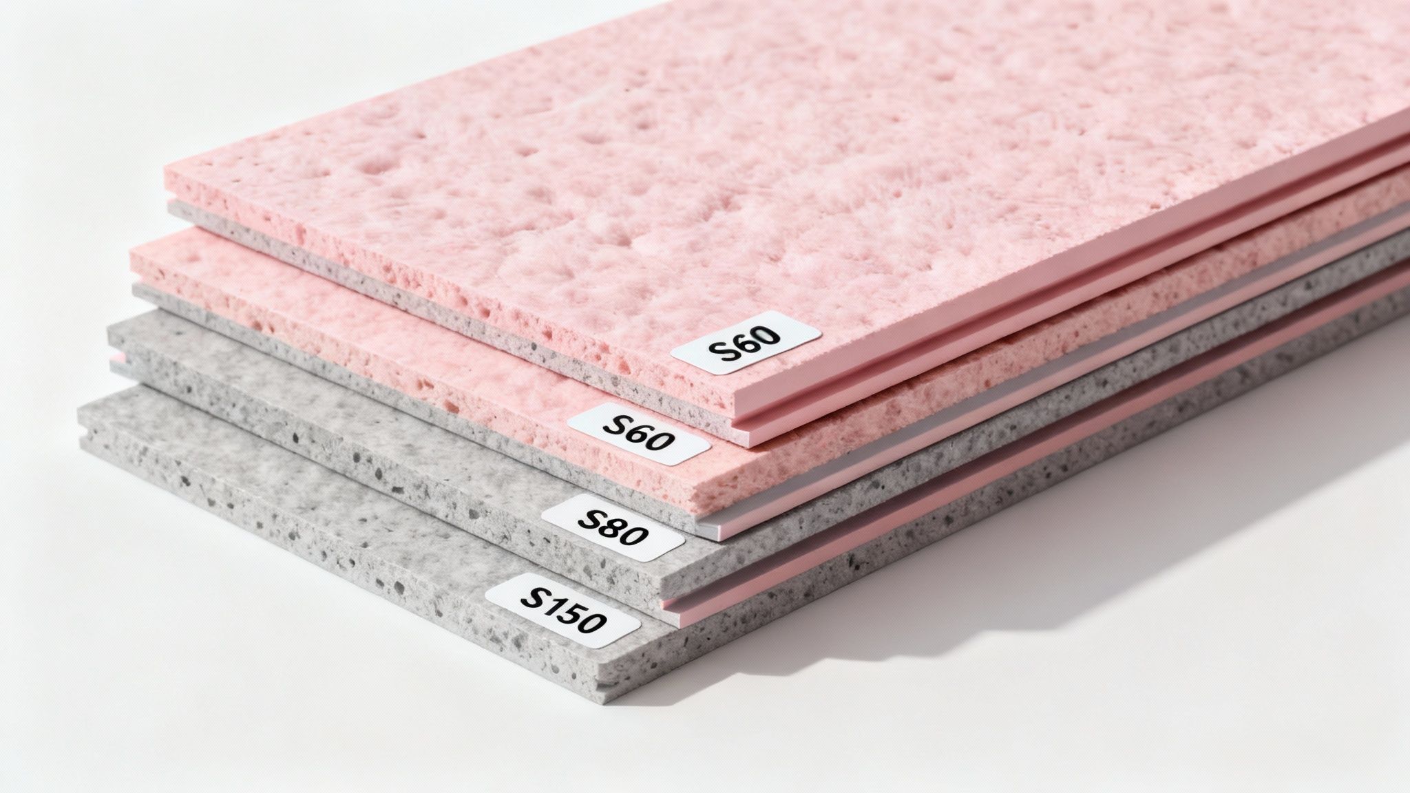 Forskellige typer flamingoplader til gulvisolering stablet på en palle