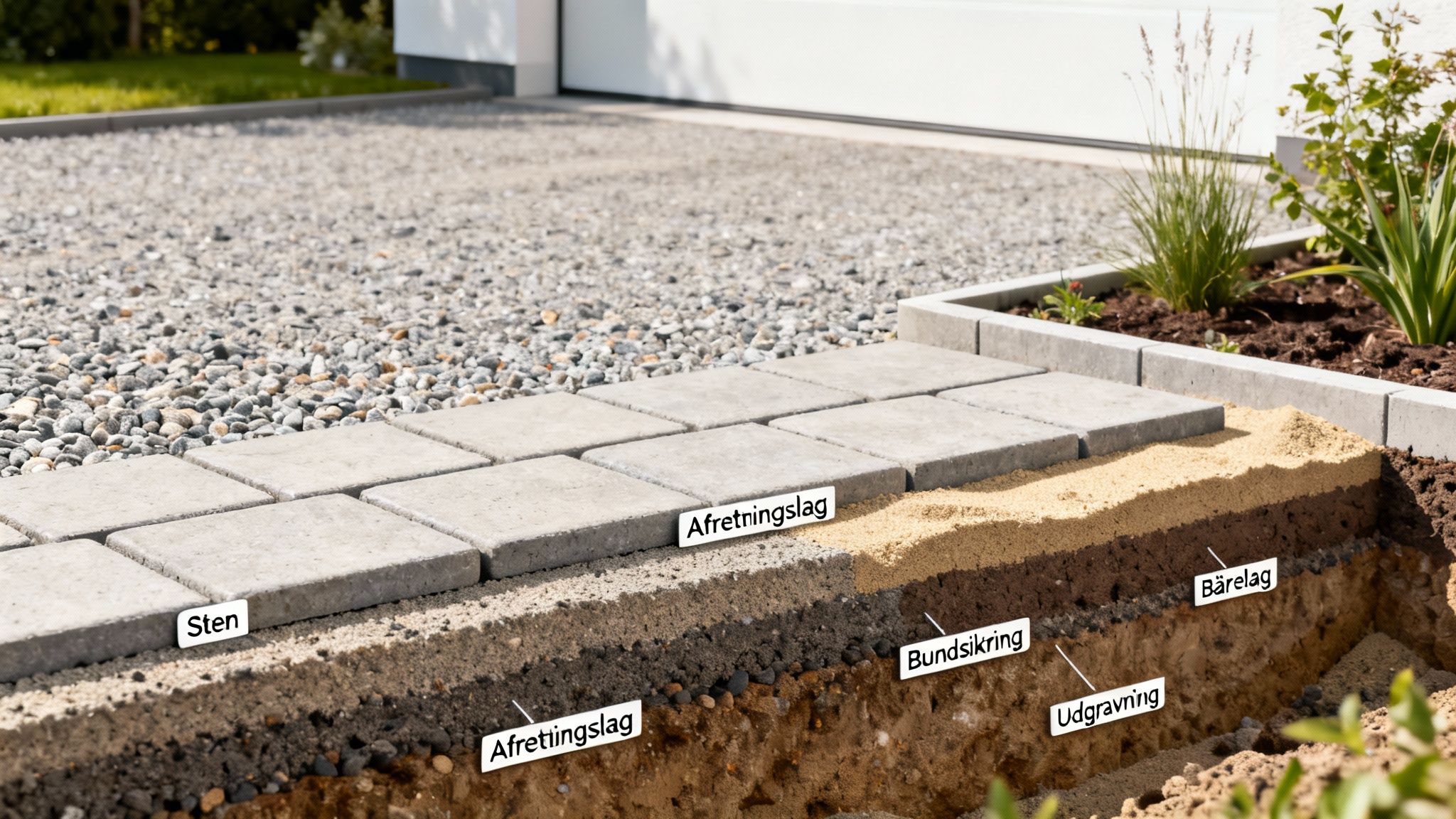 Billedet viser opbygningen af en brolagt indkørsel med alle lagene fra udgravning til sten.