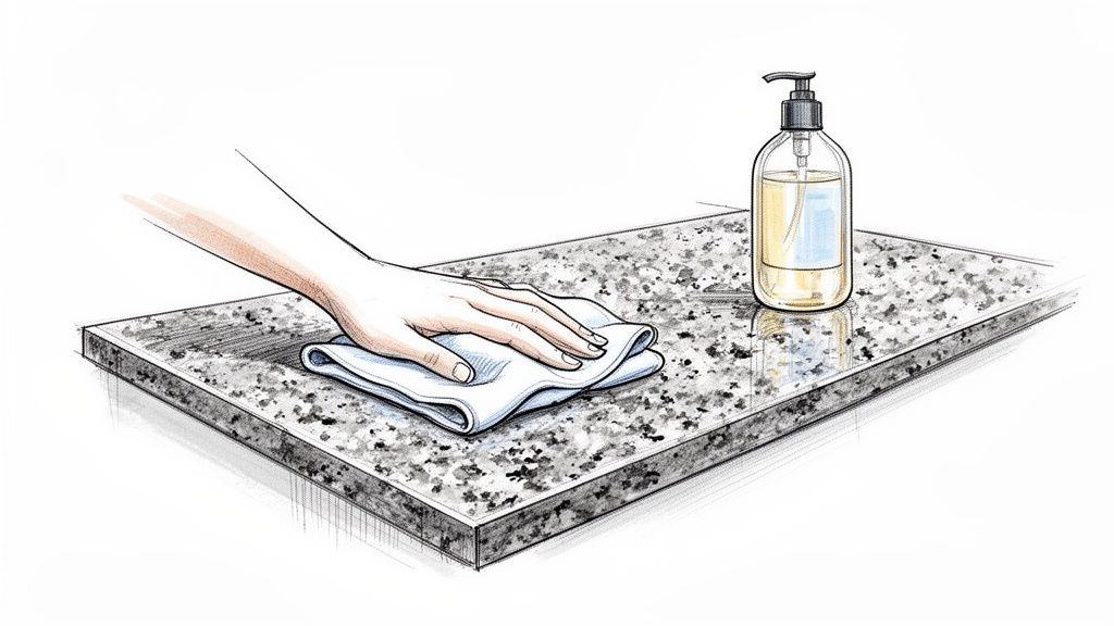 En hånd tørrer en granitbordplade af med en klud, ved siden af en sæbedispenser.