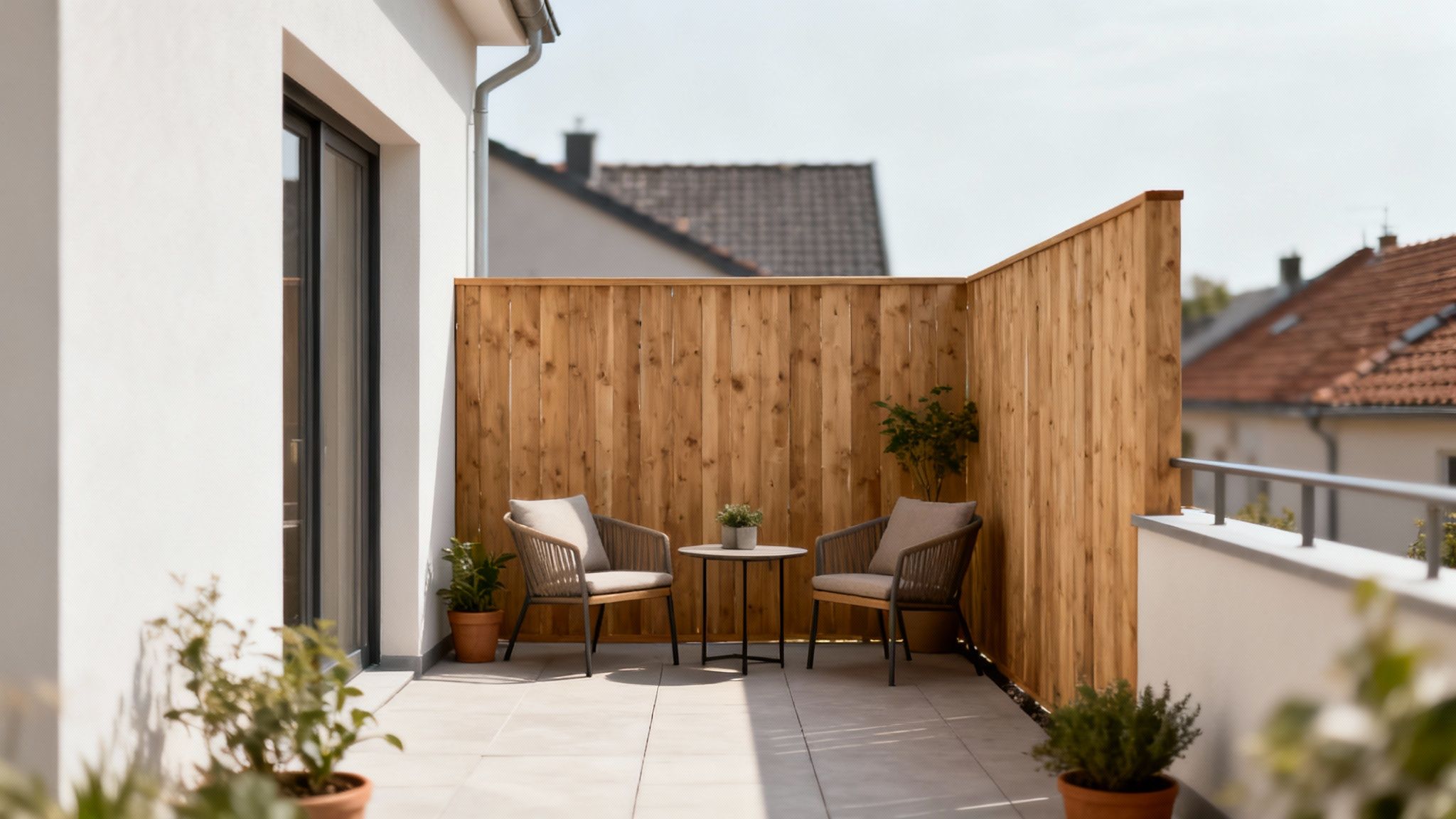 Hyggelig udendørs terrasse med moderne fletstole, et lille bord, potteplanter og et stilrent træhegn.