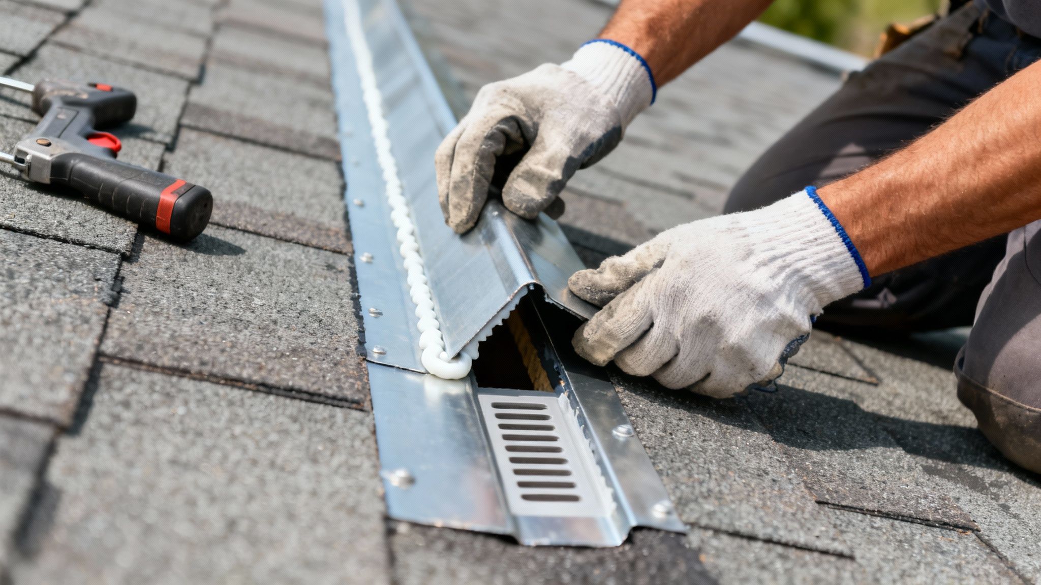 Hænder i handsker monterer en skotrende af metal på et tag med tagshingler, med tætningsmasse.