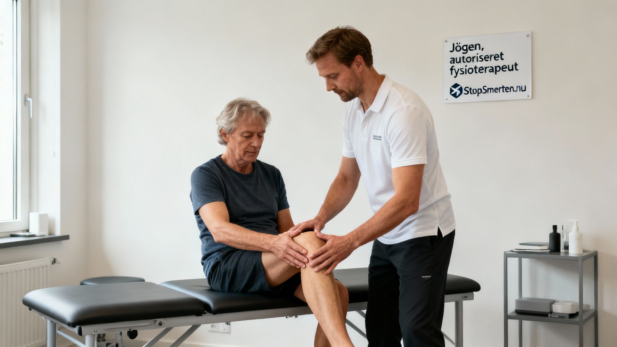 En fysioterapeut undersøger en ældre mands knæ på en behandlingsbriks i en klinik. Fokus på genoptræning.