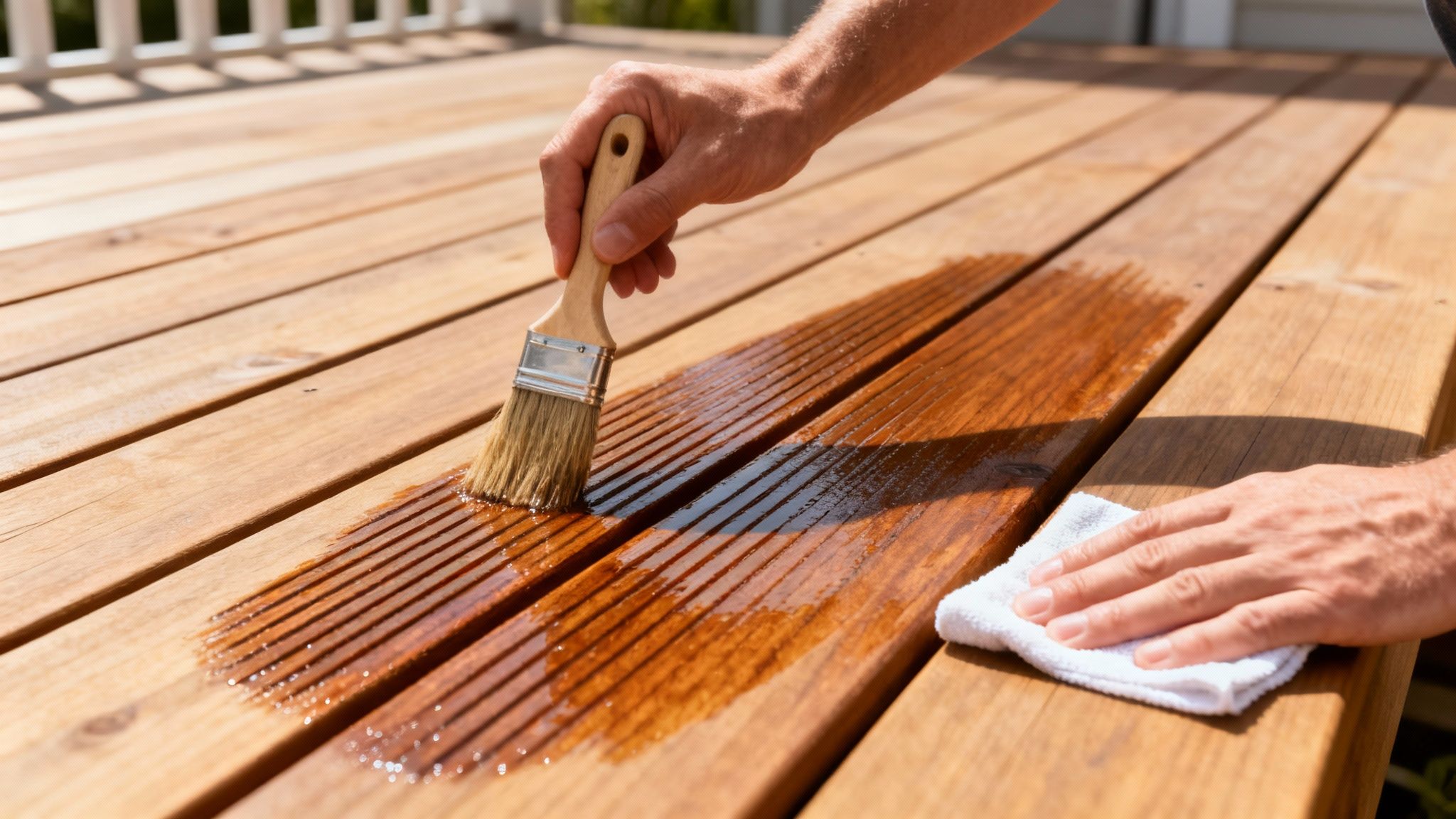 En person oliere en træterrasse med en pensel, mens solen skinner på træet.