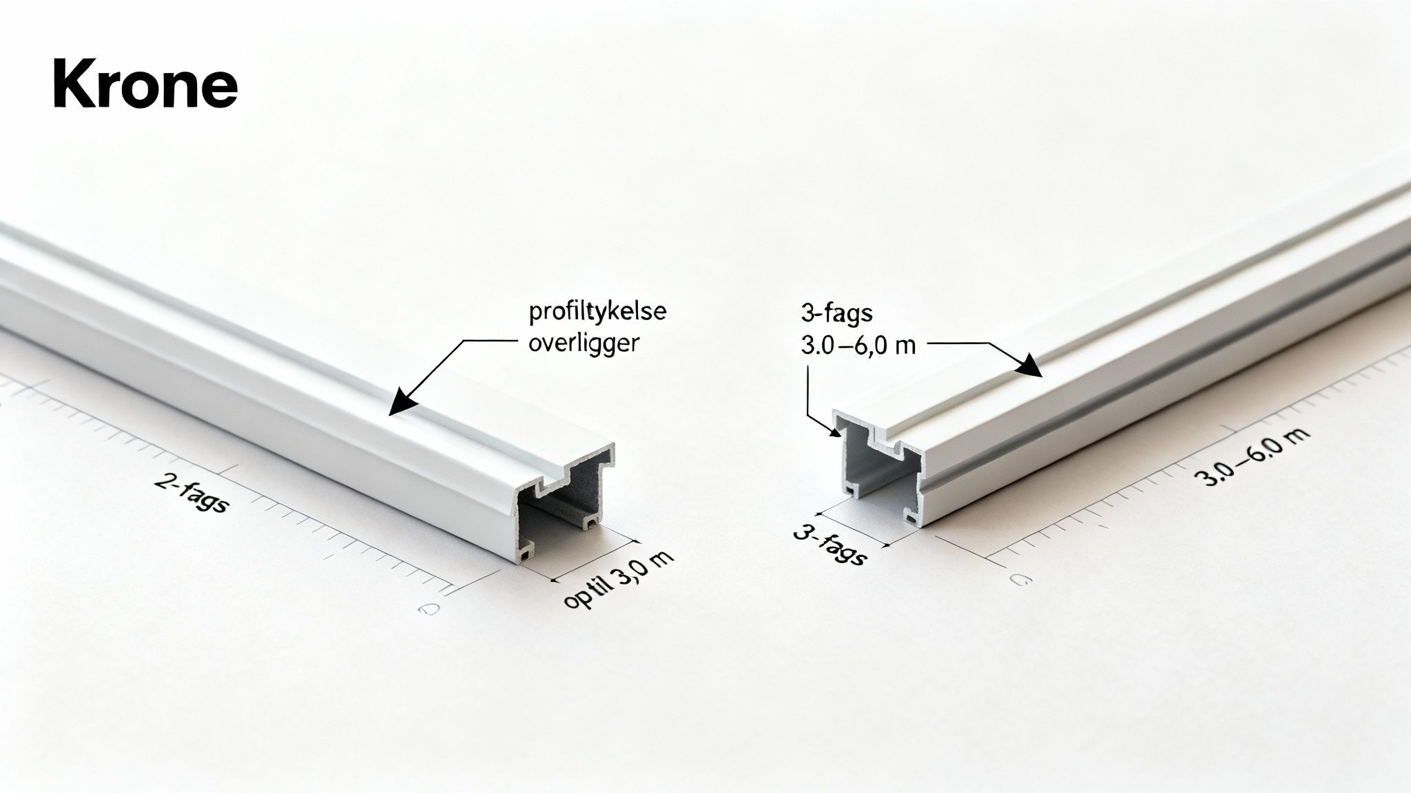 Krone skydedørsprofiler: 2-fags profil til op til 3 meter og 3-fags profil til 3-6 meter længde.