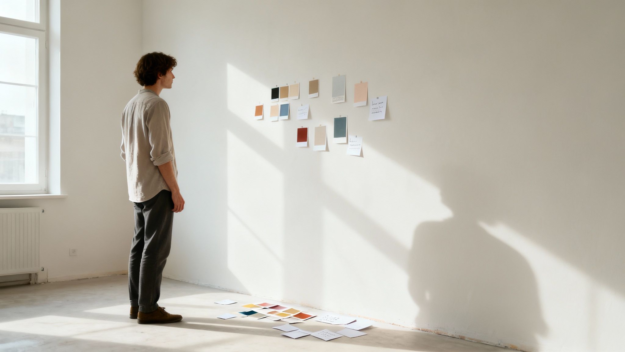 En mand ser på farveprøver og noter på en hvid væg i et solrigt rum.