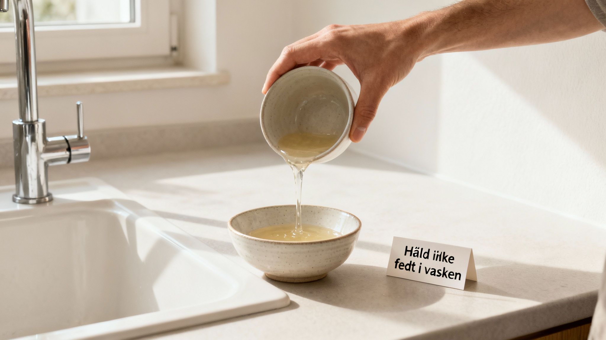 Hånd hælder fedt fra skål til skål ved køkkenvask. Skilt advarer mod at hælde fedt i afløbet.