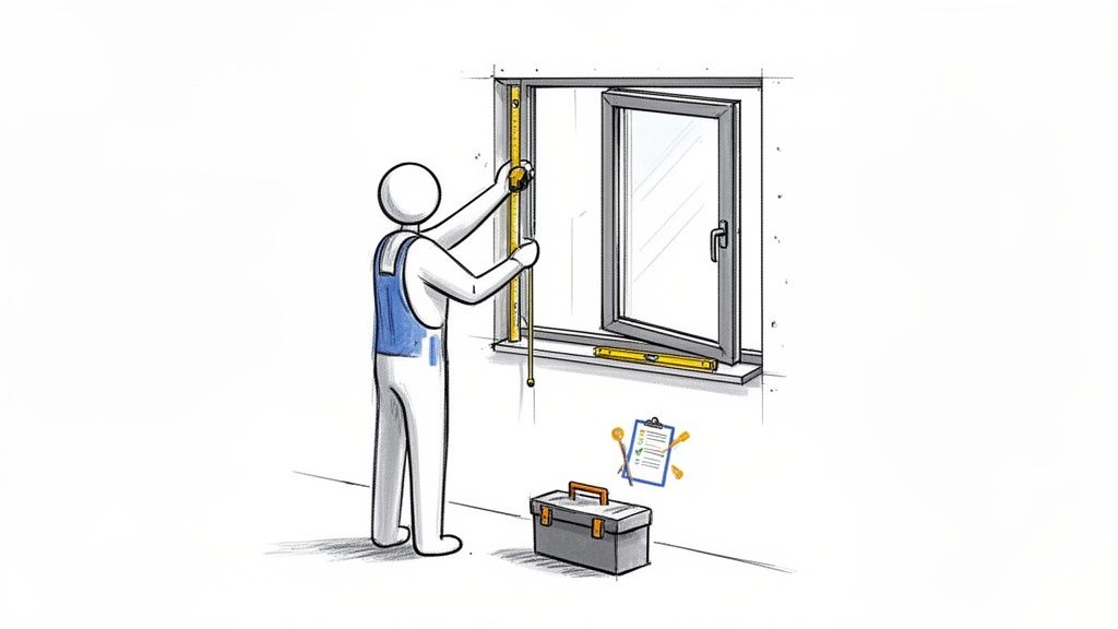 En person måler et vindue med et målebånd under vinduesmontering for at sikre korrekte dimensioner.