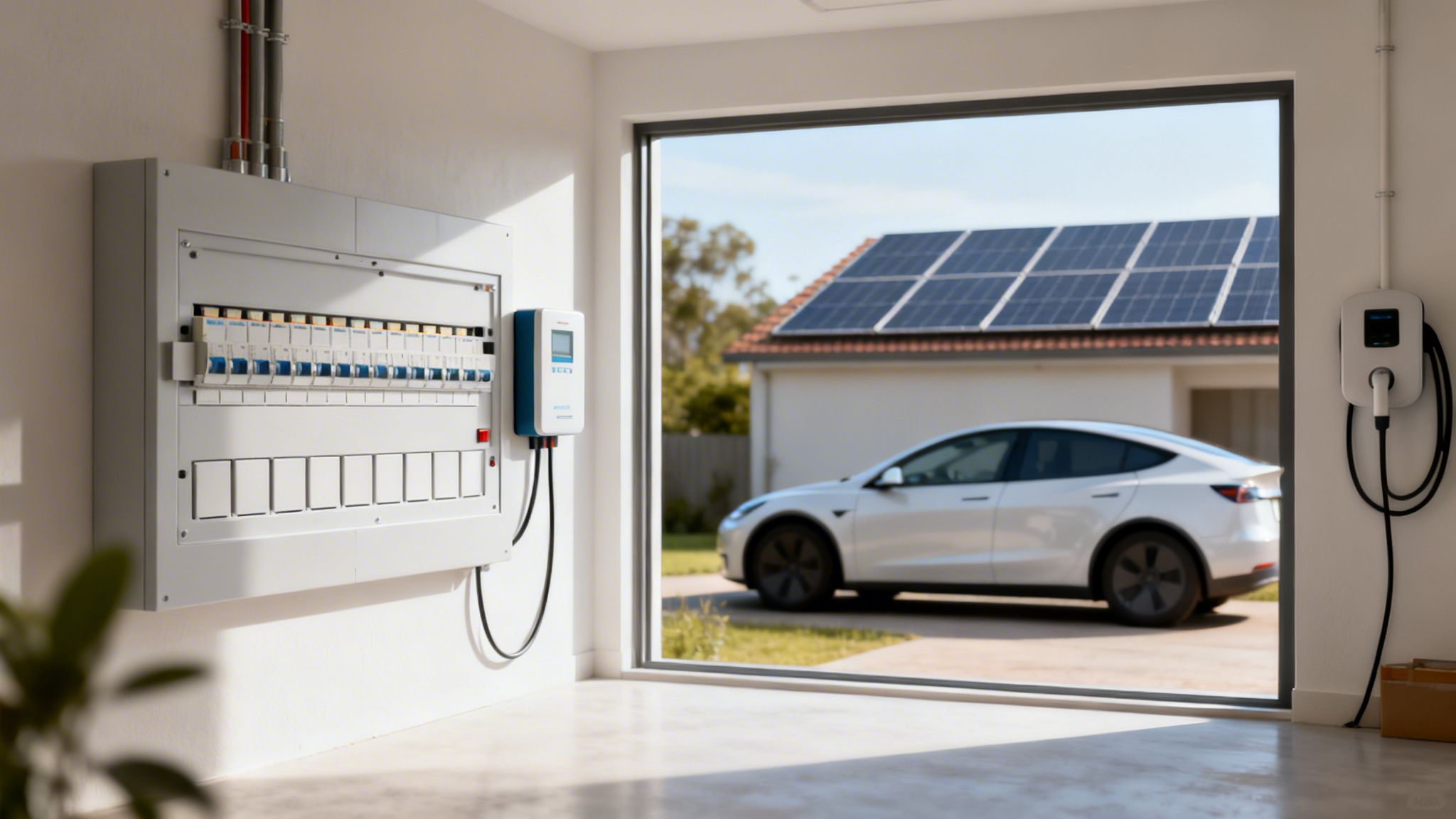 En moderne garage med eltavle, smart energistyring, ladeboks og solpaneler på taget, med en Tesla udenfor.