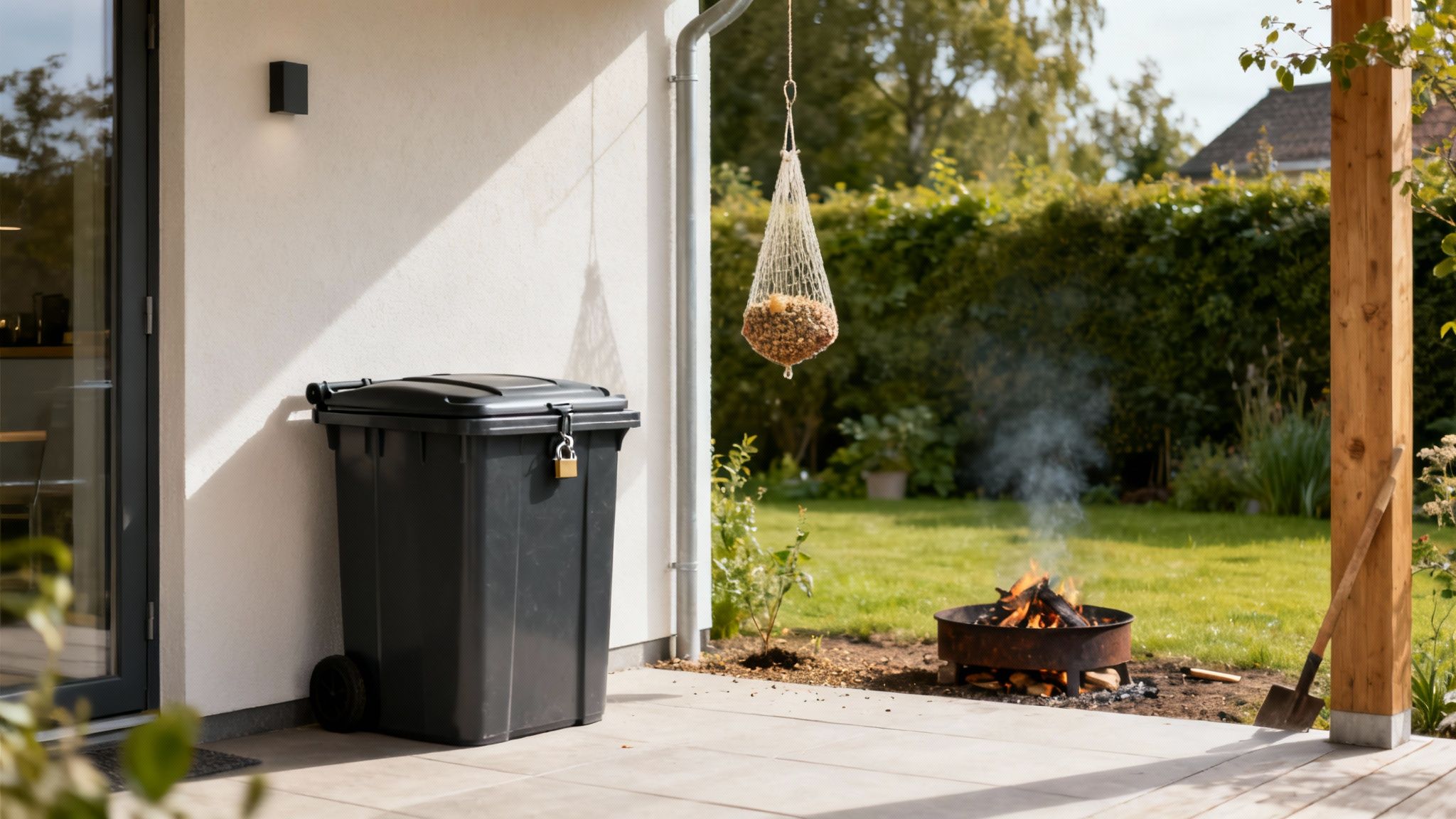 En pæn og ryddelig have med en træterrasse, der illustrerer et uattraktivt miljø for rotter.