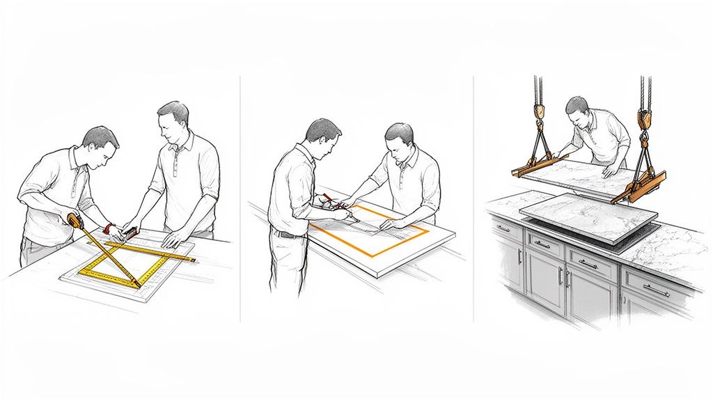 Illustrerer processen med at måle, tilpasse og montere en stenbordplade på køkkenskabe.