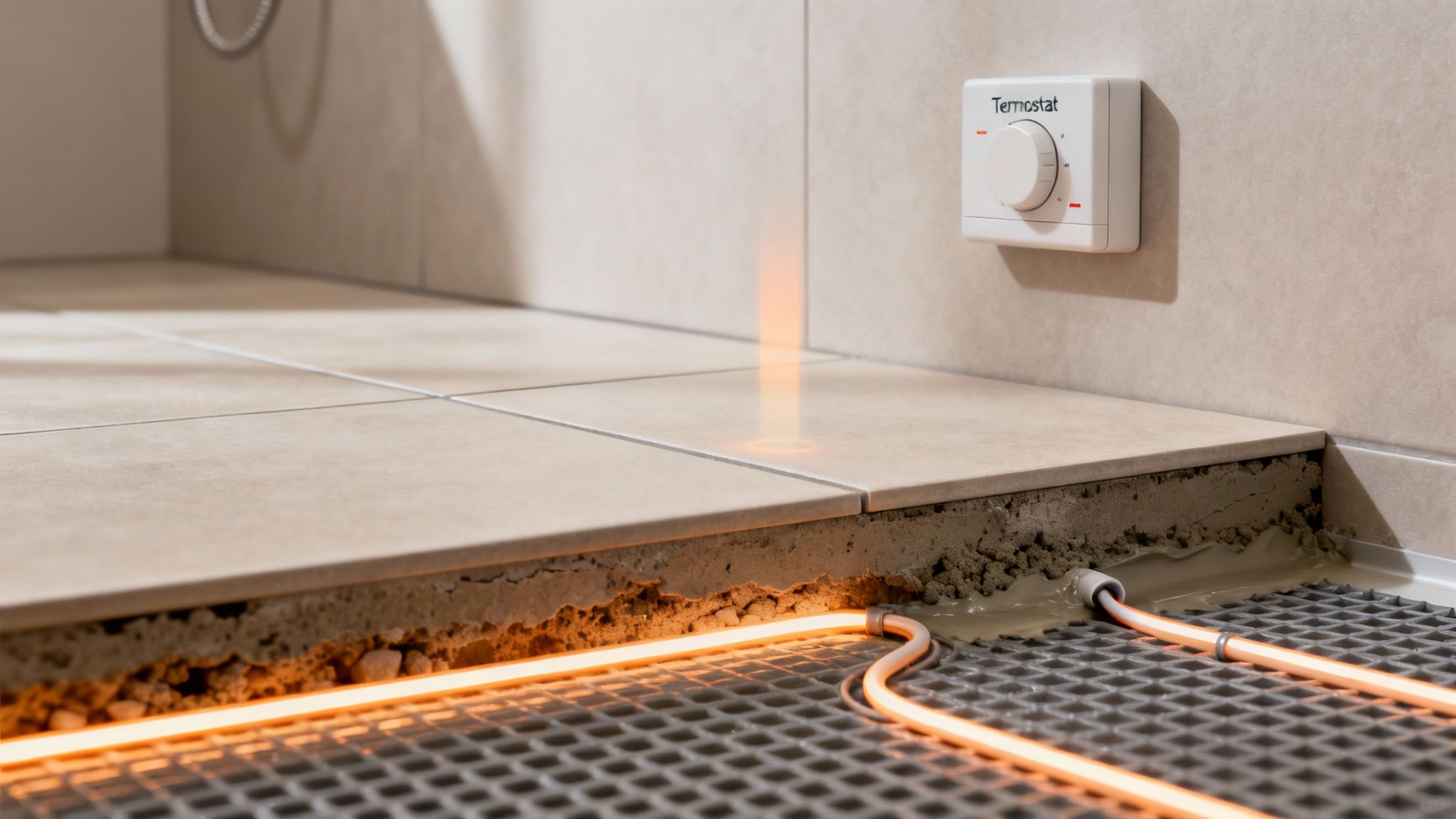 Et udsnit af et badeværelsesgulv med synlig elektrisk gulvvarme under fliserne og en termostat på væggen.