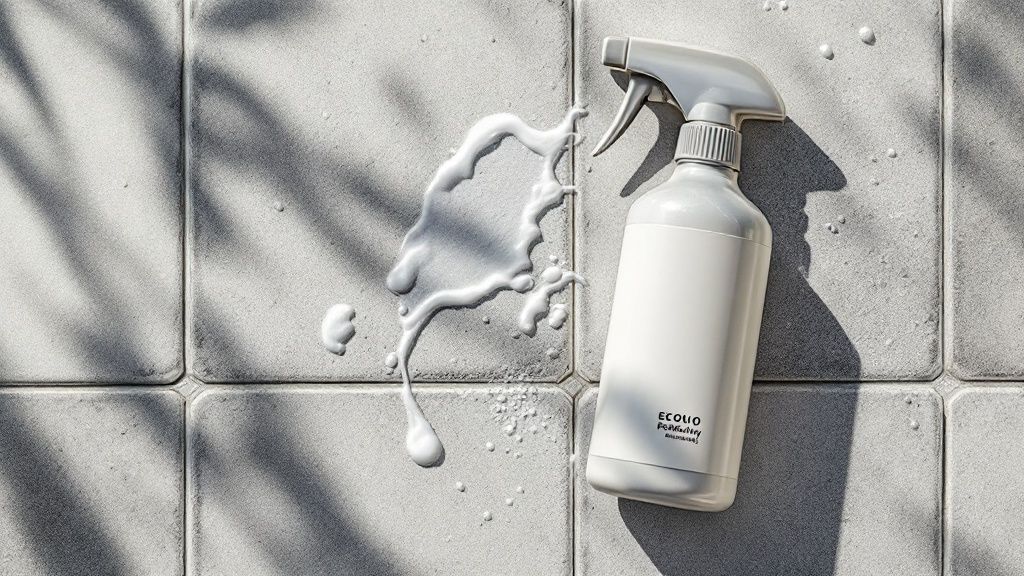 En person renser fliser på en terrasse med en højtryksrenser