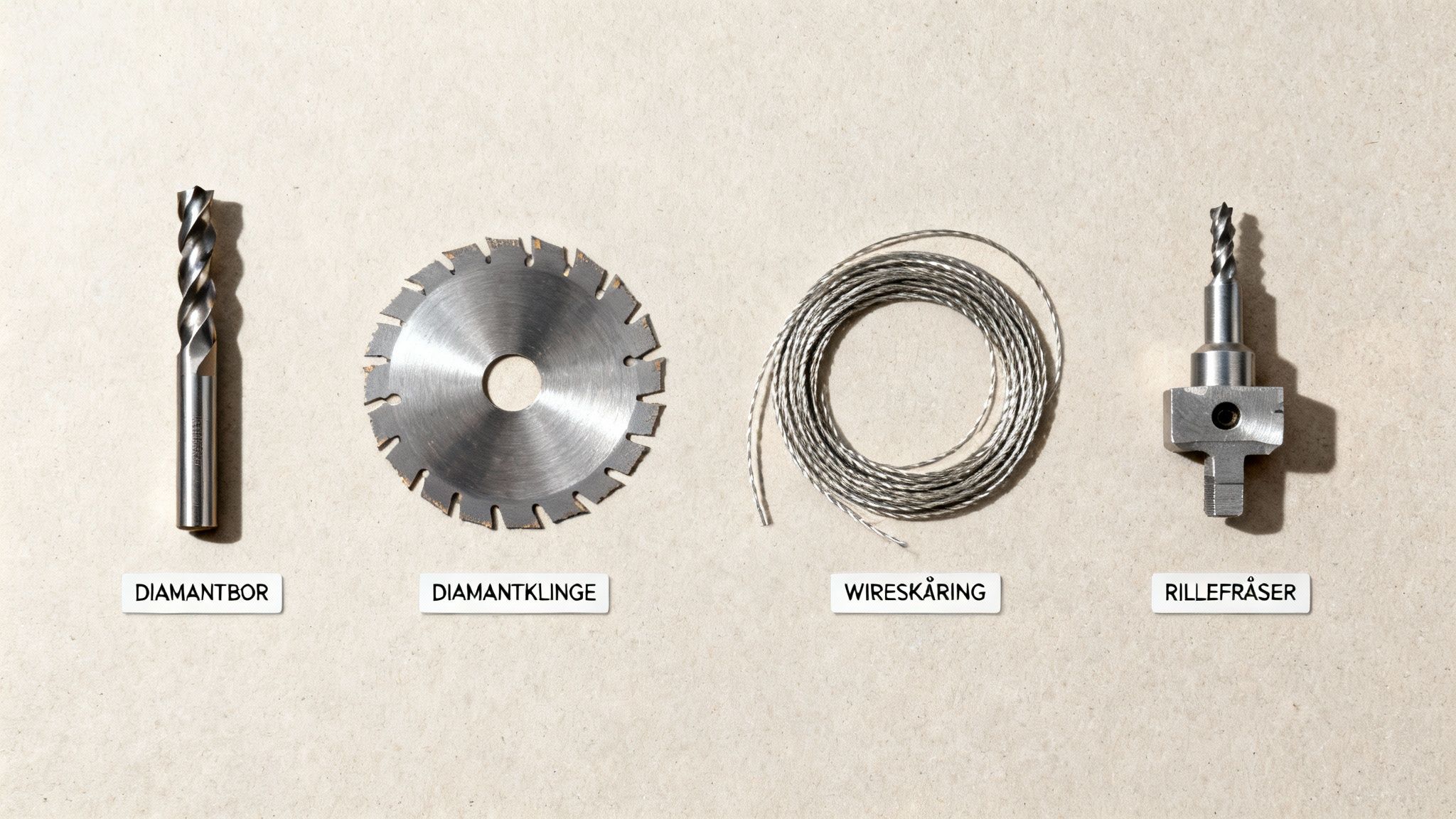 Et billede af forskellige diamantværktøjer, herunder en diamantbor, diamantklinge, wireskæring og rillefræser.