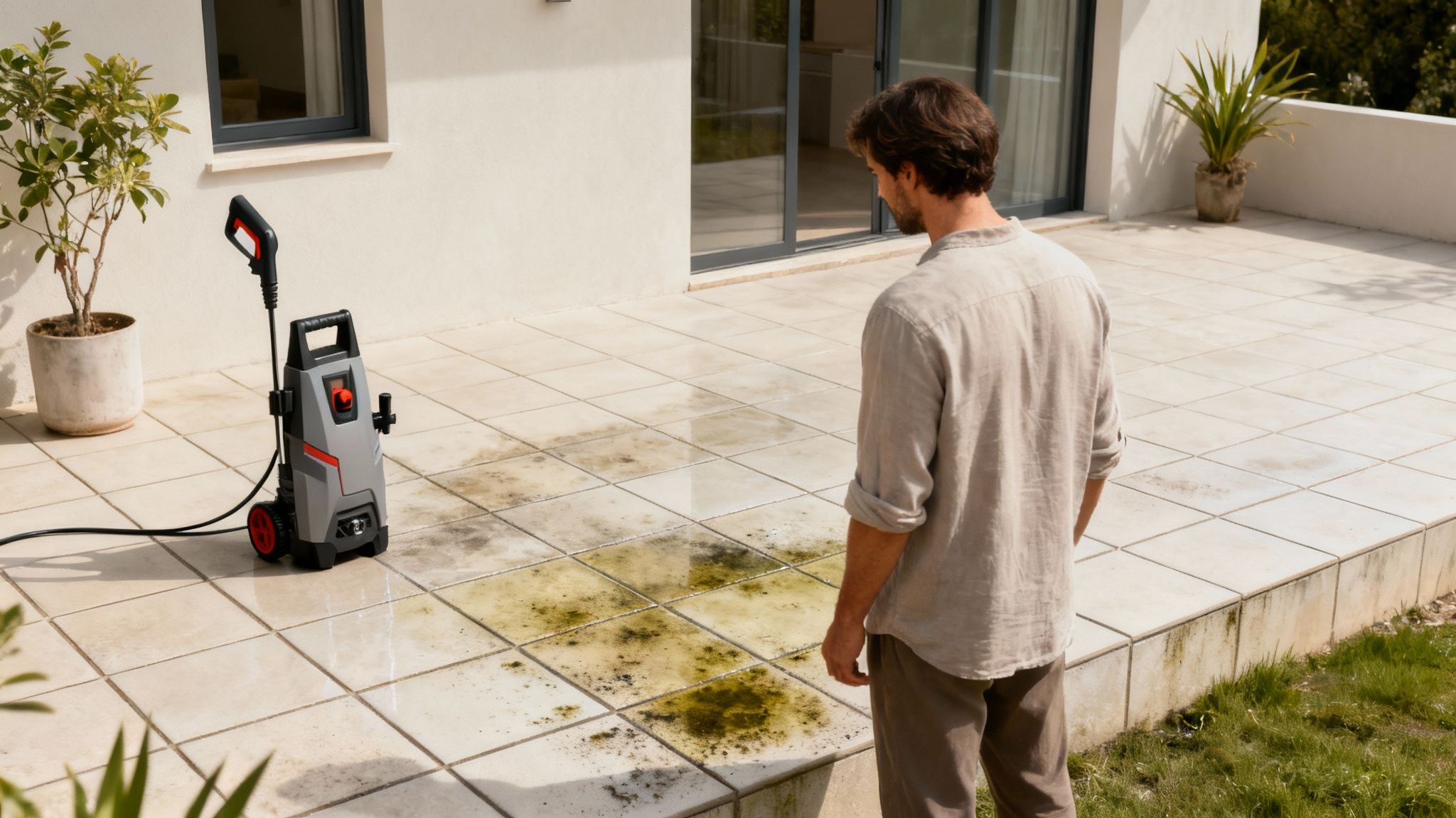 En person i gang med professionel højtryksrensning af fliser på en terrasse.