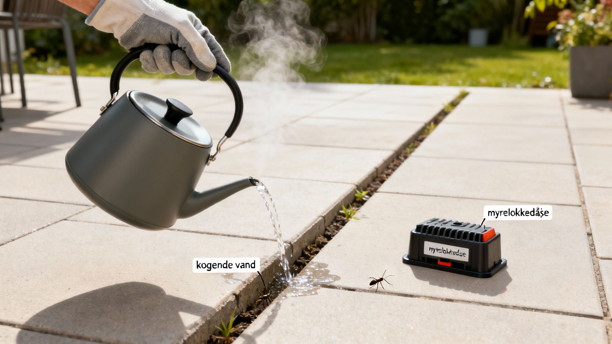 En person hælder kogende vand i revner mellem fliser for at bekæmpe myrer, nær en myrelokkedåse.