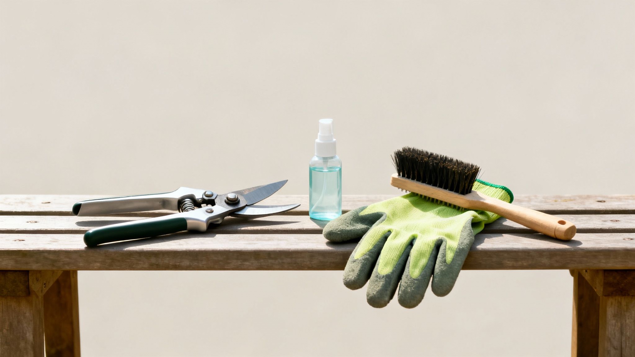 Gartnerværktøj, herunder beskæresaks, sprayflaske, børste og handske, ligger klar på en træbænk.