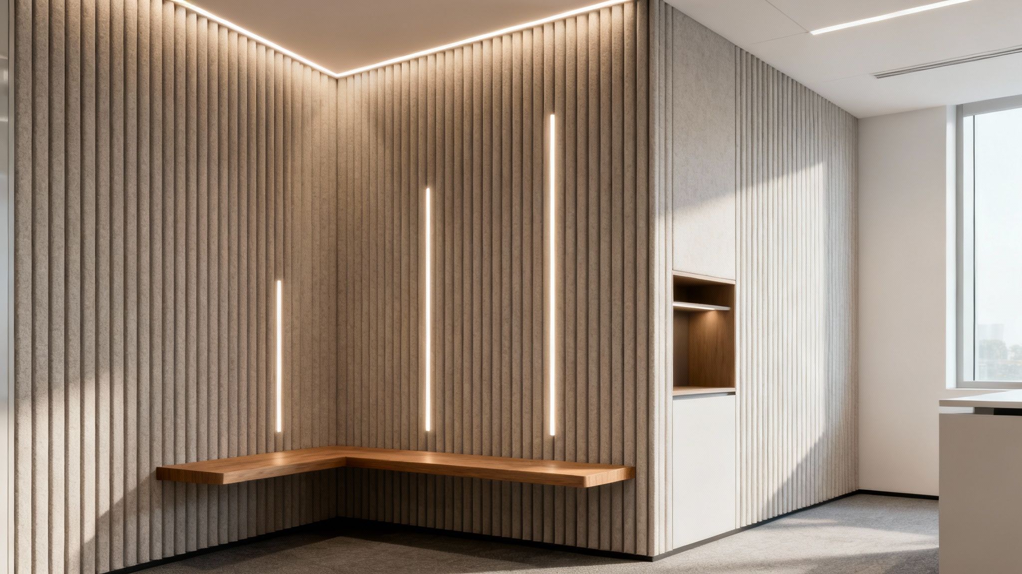 Moderne interiør med ribbet vægbeklædning og integreret belysning, samt en hjørnebænk i træ og et indbygget skab.