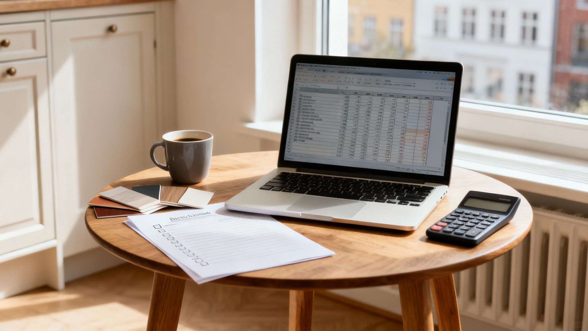 Et hjemmekontor med bærbar computer, kaffekop, materialeprøver og regnemaskine til køkkenplanlægning.