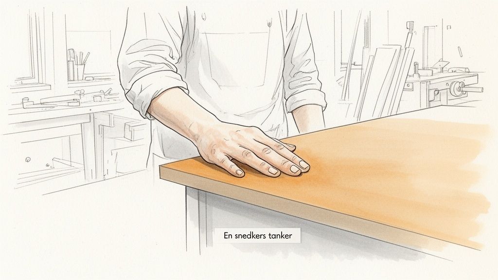 En hånd strøg blidt over en glat træ- eller linoleumsbordplade i et værksted.