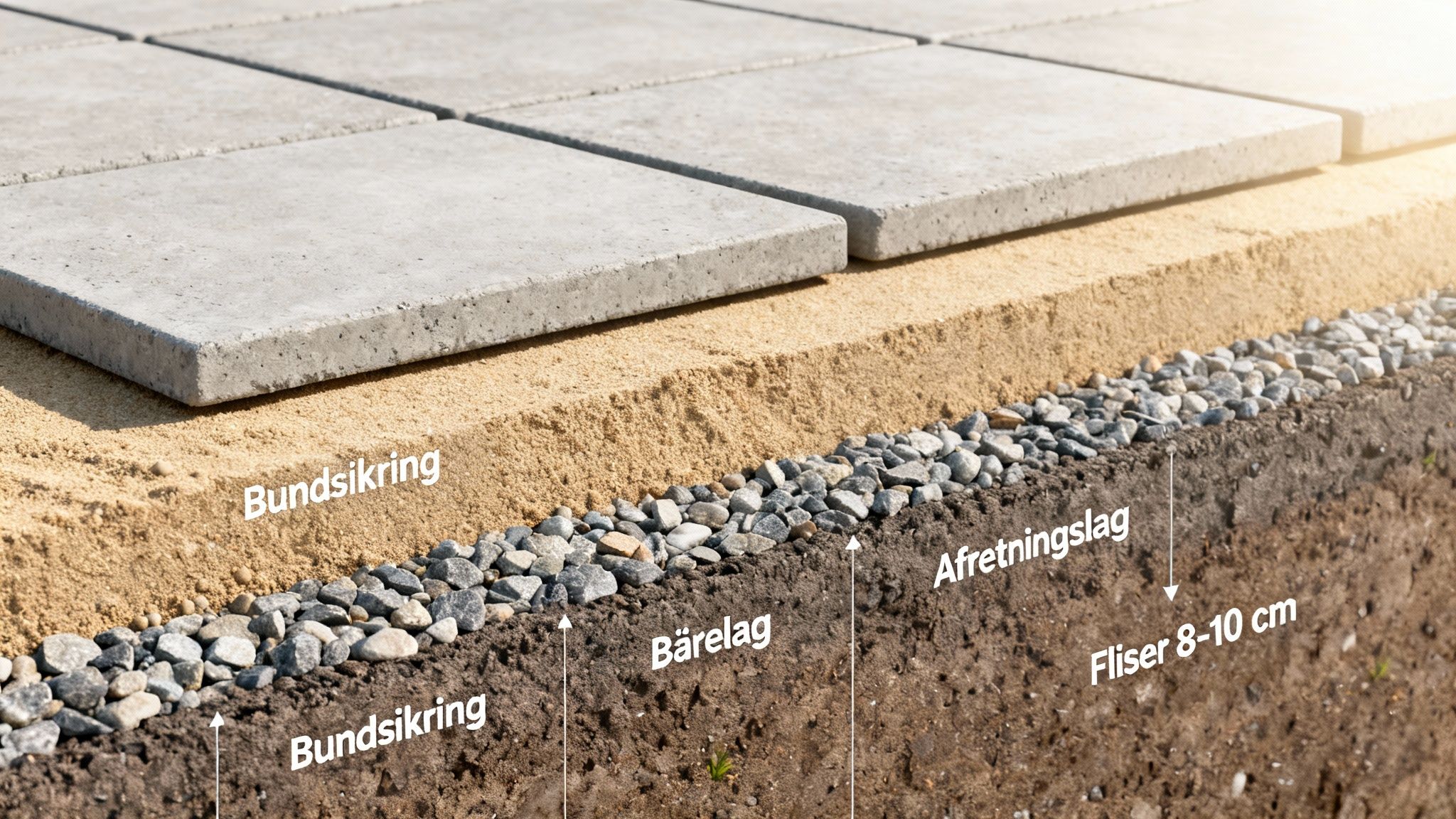 Tværsnit af flisebelægning, der viser lagene af bundsikring, bärlag og afretningslag under fliserne.