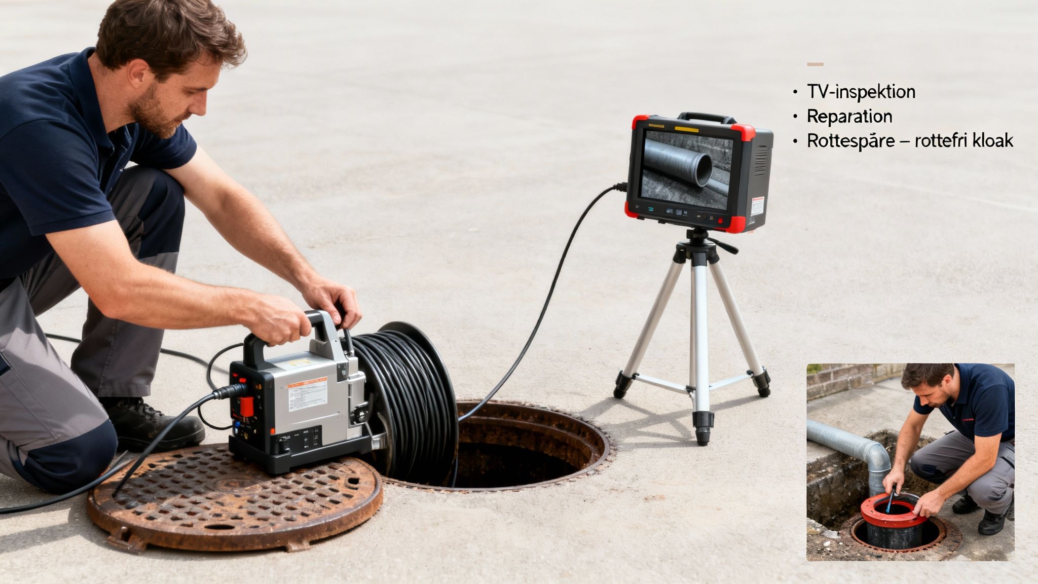 Mand udfører kloakinspektion med kamera og udstyr for at tjekke rør og kloak.