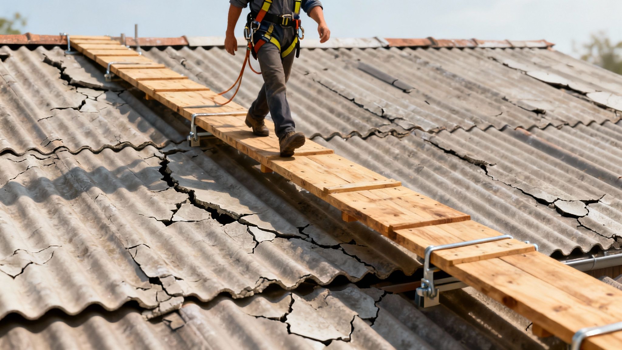 En person med sikkerhedsudstyr går på en trægangbro over et beskadiget, bølgetag med mange revner.