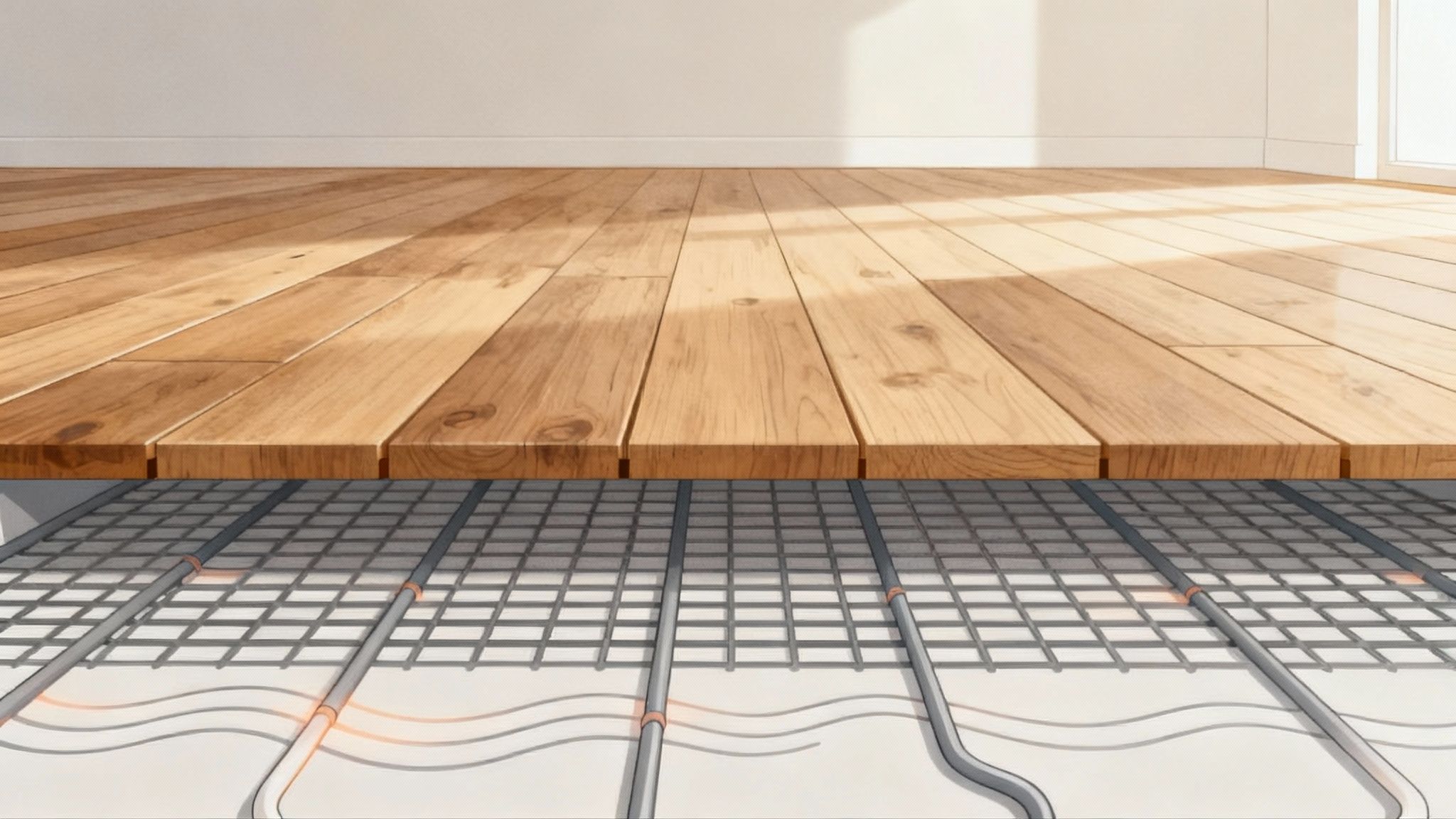 En illustration af gulvvarmerør lagt under et smukt trægulv i et lyst rum