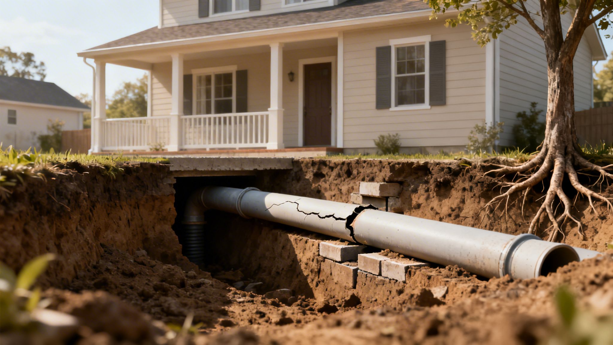 Brudt afløbsrør under jorden ved et hus, sandsynligvis på grund af trærødder, viser behov for TV-inspektion eller reparation.
