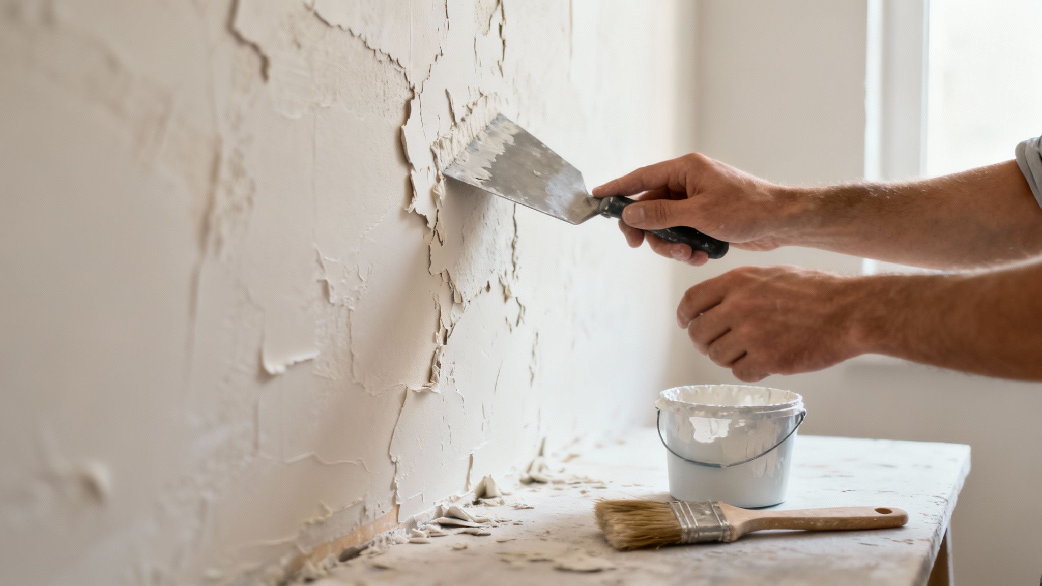 En person skraber gammel maling eller puds af en væg med en spartel. En spand og pensel ses i nærheden.