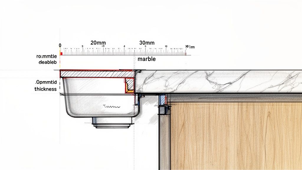 Detaljeret tværsnitstegning af en køkkenbordplade i marmor med en integreret vask og målangivelser.