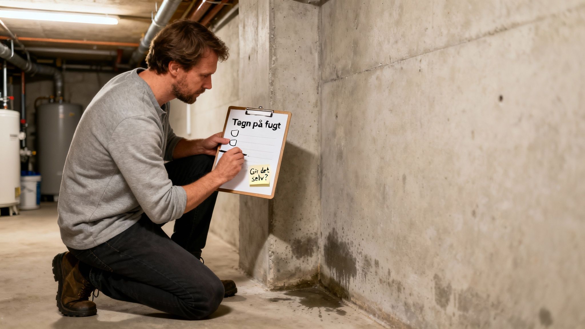 En mand knæler i en kælder og inspicerer tegn på fugt og skimmelsvamp på en betonvæg med en tjekliste.