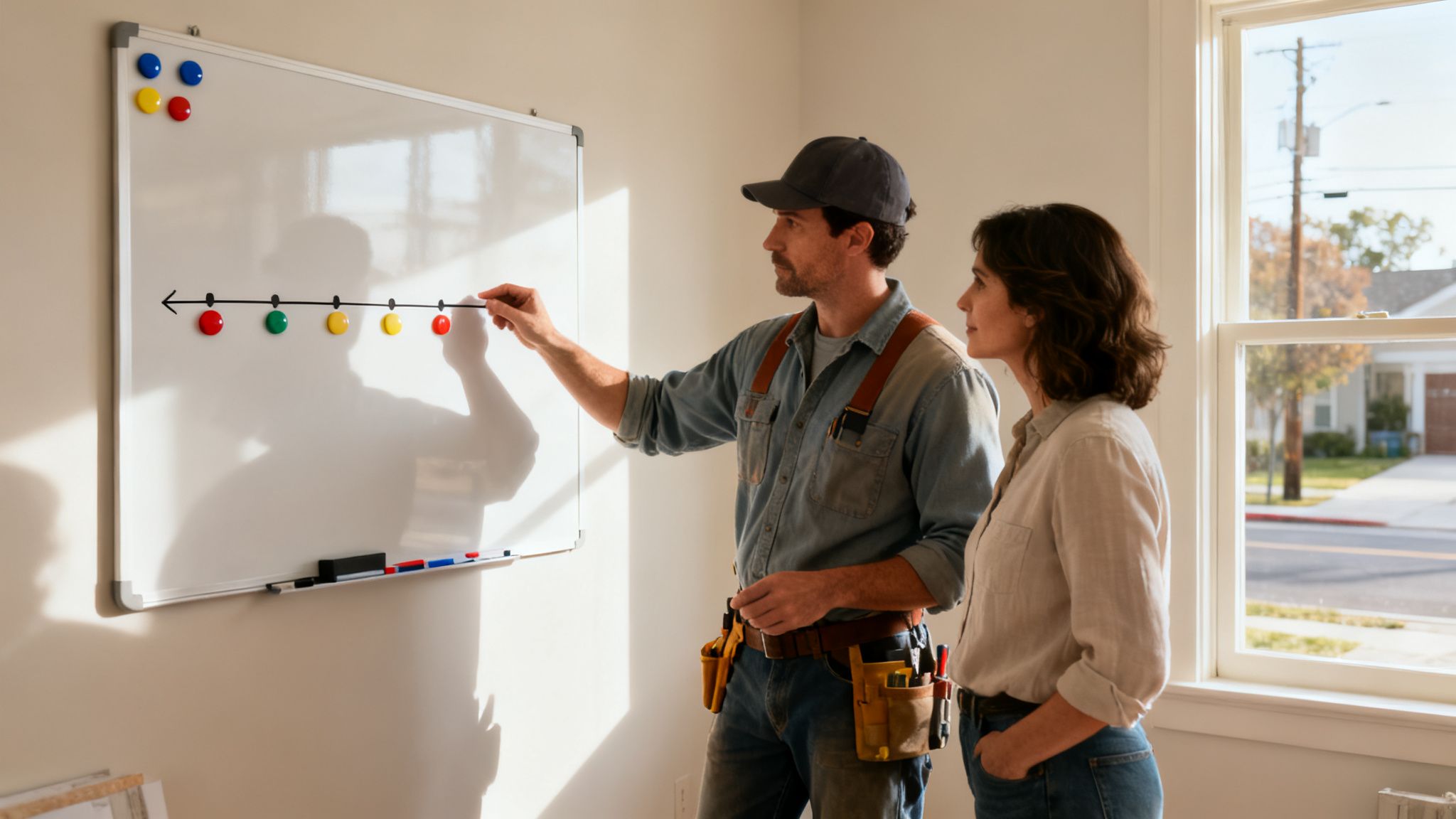 En håndværker forklarer en kvinde en tidslinje på et whiteboard, mens de planlægger renovering.