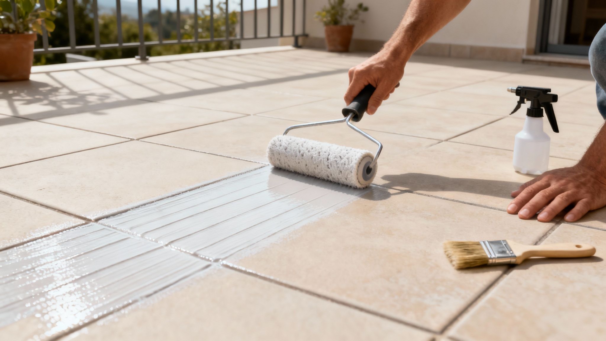 Professionel påføring af imprægnering på fliser med en lavtrykssprøjte.