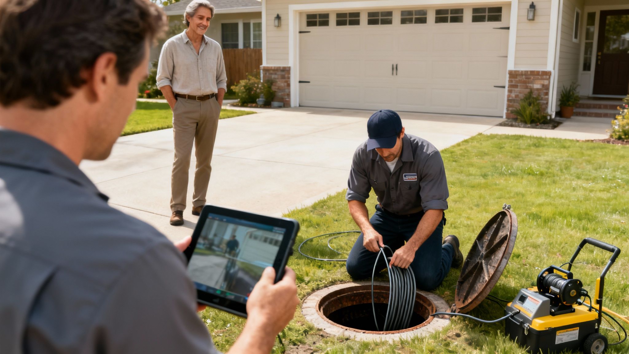 Teknikere udfører kloakinspektion ved et hus, hvor en indsætter udstyr i et dræn, og en anden overvåger på en tablet.